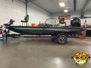 2025 Ranger RT188C fishing boat on trailer in showroom, featuring sleek design and modern equipment.