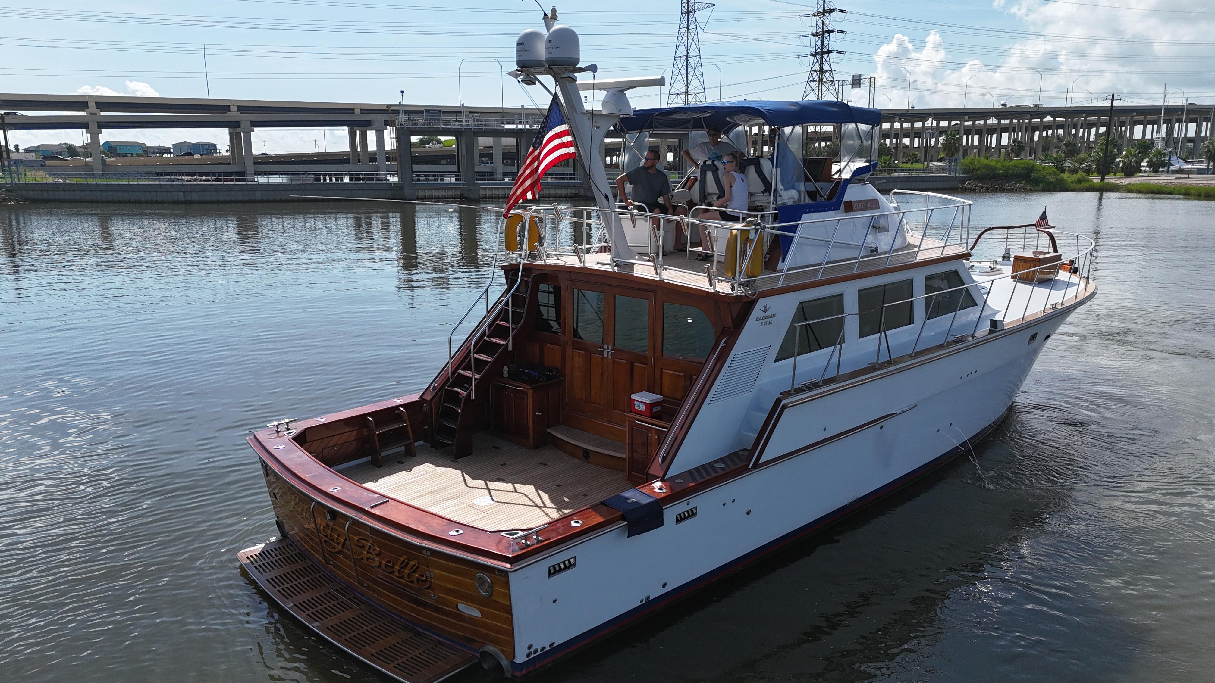 Bertram-58 Convertible Custom Total Rebuild 2010 1980-Liberty Belle TX-US-1980 Bertram 58 Convertible Custom yacht on calm water, American flag displayed.-9430006 | Thumbnail