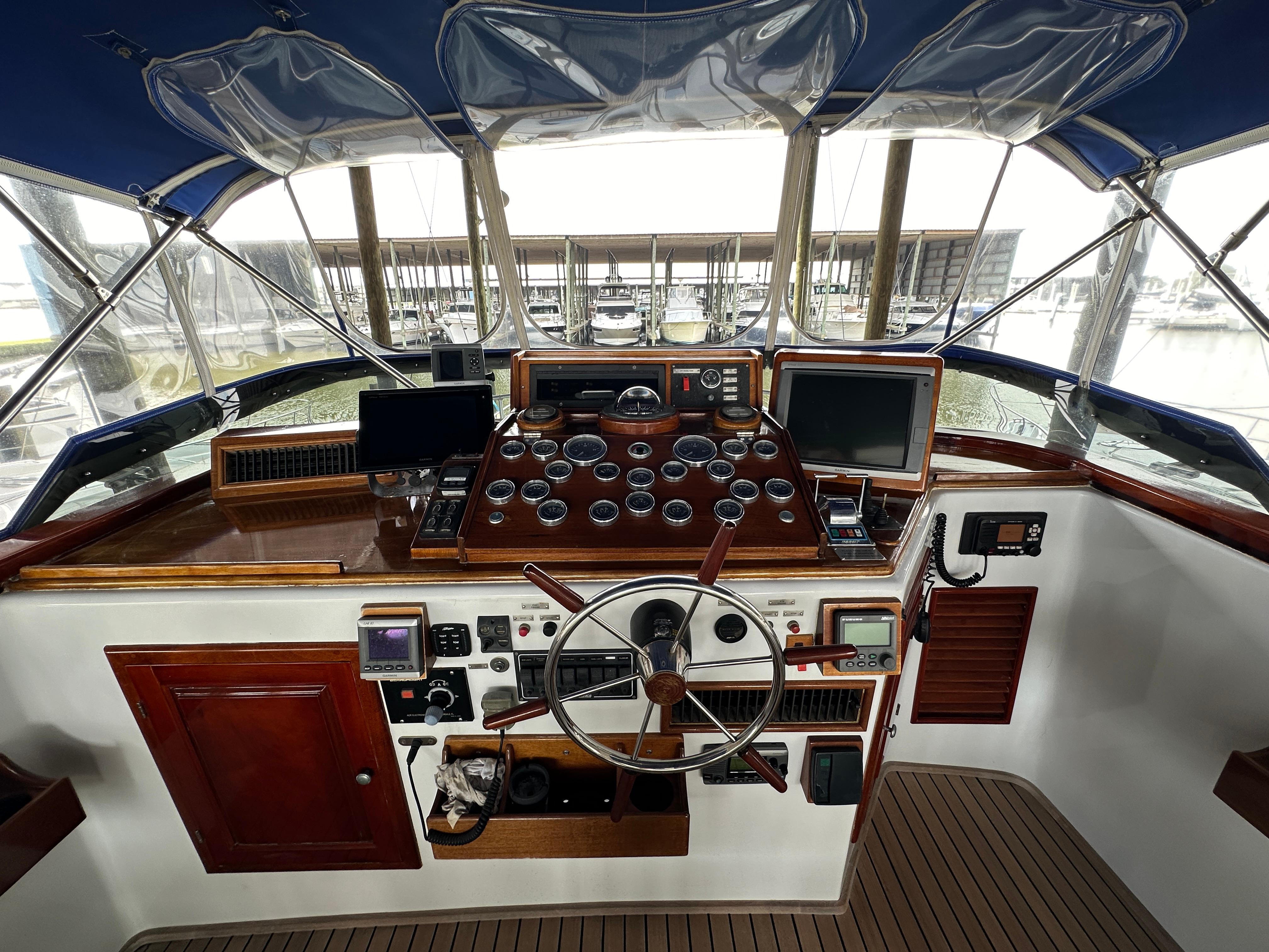Bertram-58 Convertible Custom Total Rebuild 2010 1980-Liberty Belle TX-US-1980 Bertram 58 Convertible Custom yacht helm with classic wooden dashboard and modern navigation equipment.-9430006 | Thumbnail