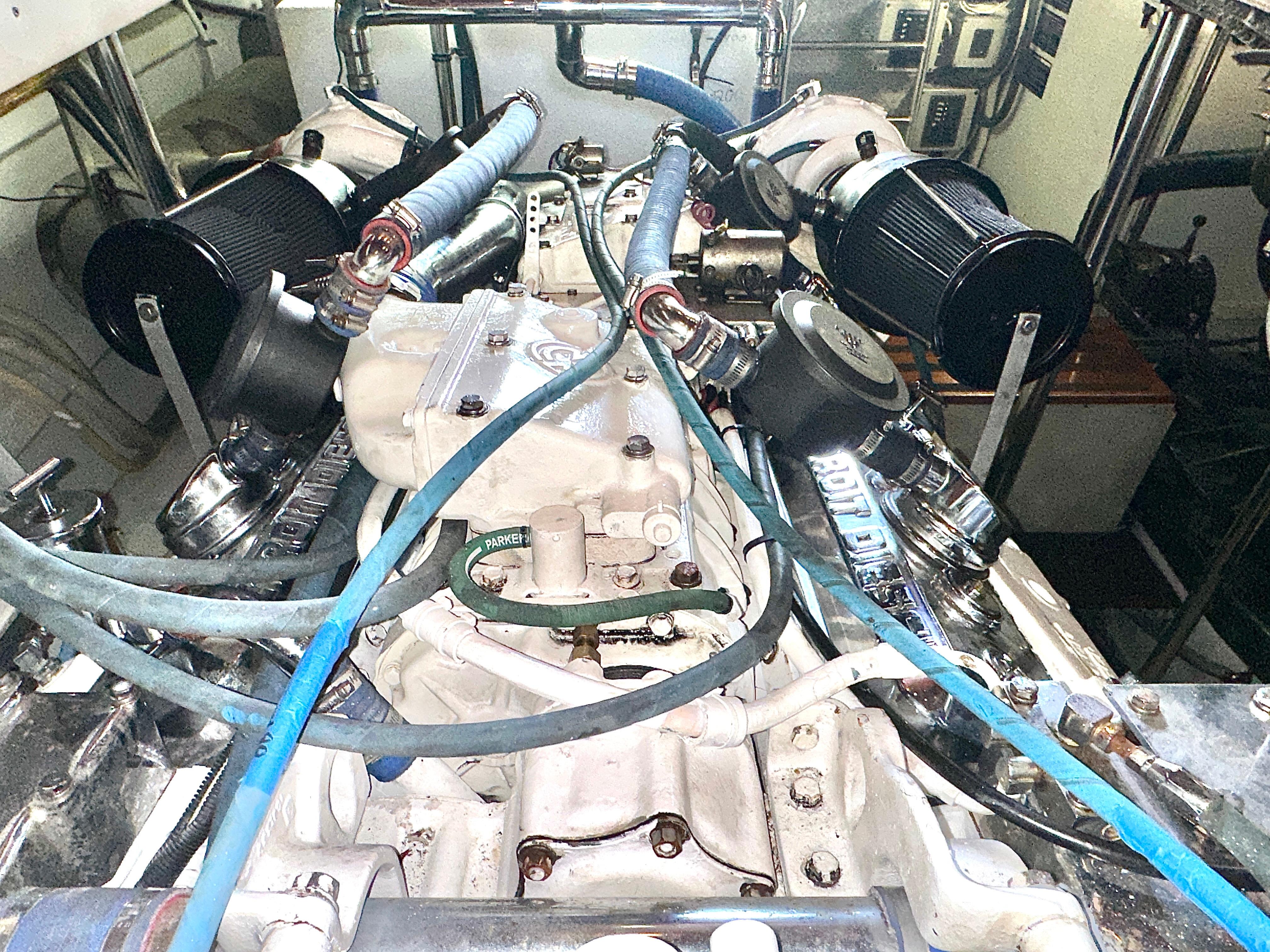 Bertram-58 Convertible Custom Total Rebuild 2010 1980-Liberty Belle TX-US-Engine room of 1980 Bertram 58 Convertible Custom with visible hoses and components.-9430006 | Thumbnail