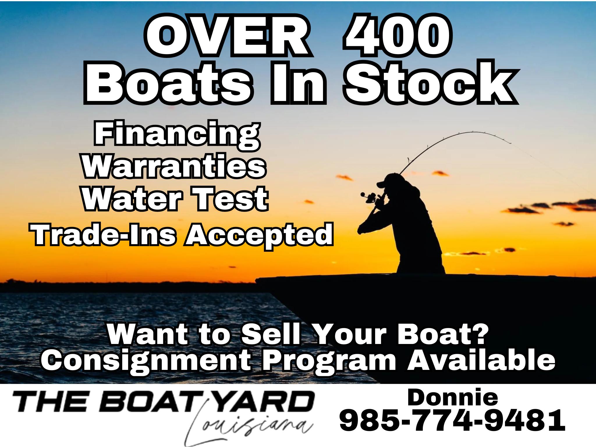 Silhouette of a person fishing at sunset, promoting boat sales and consignment services.