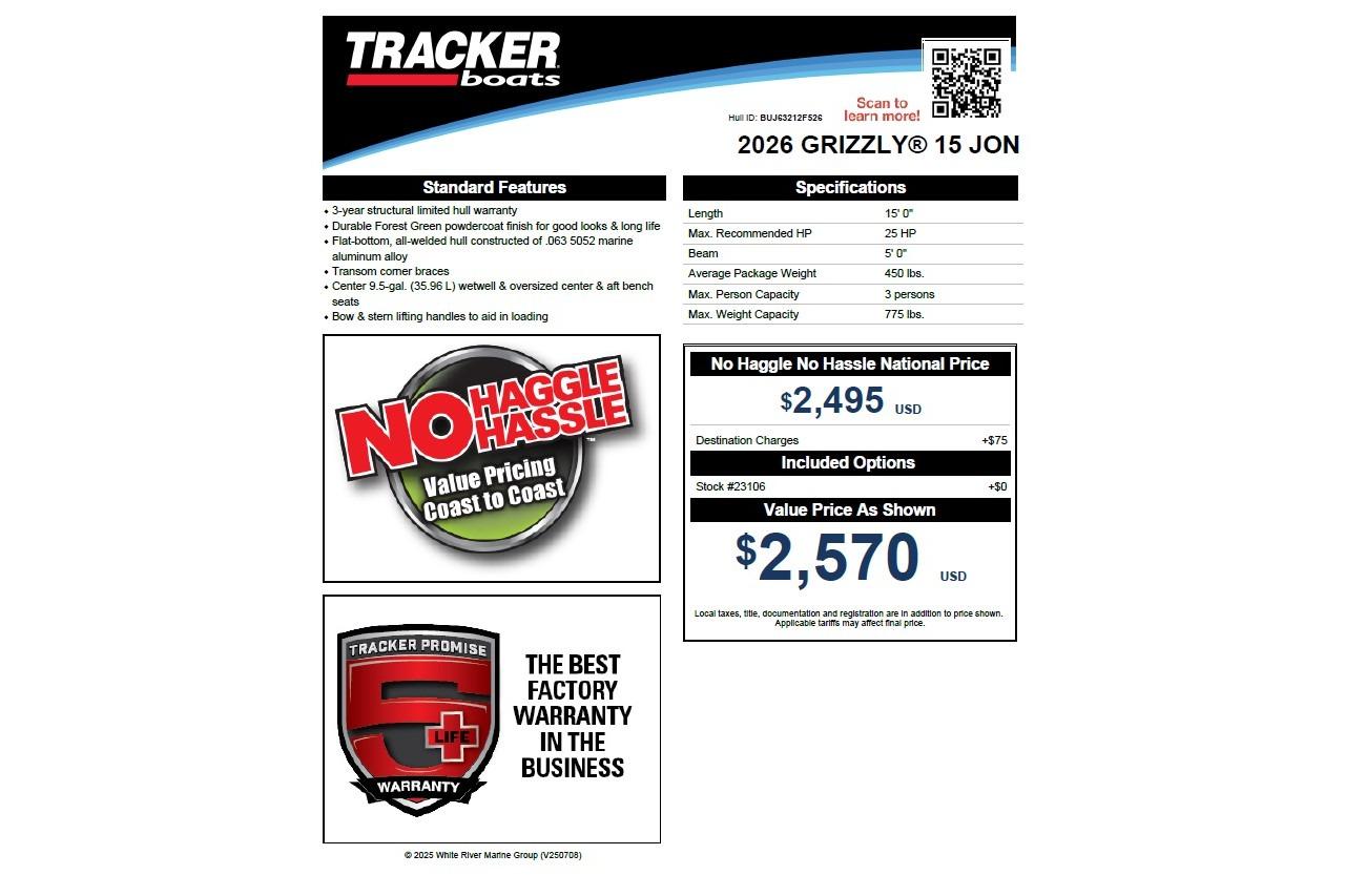 2026 Tracker Grizzly 15 Jon boat features, pricing, and warranty details.