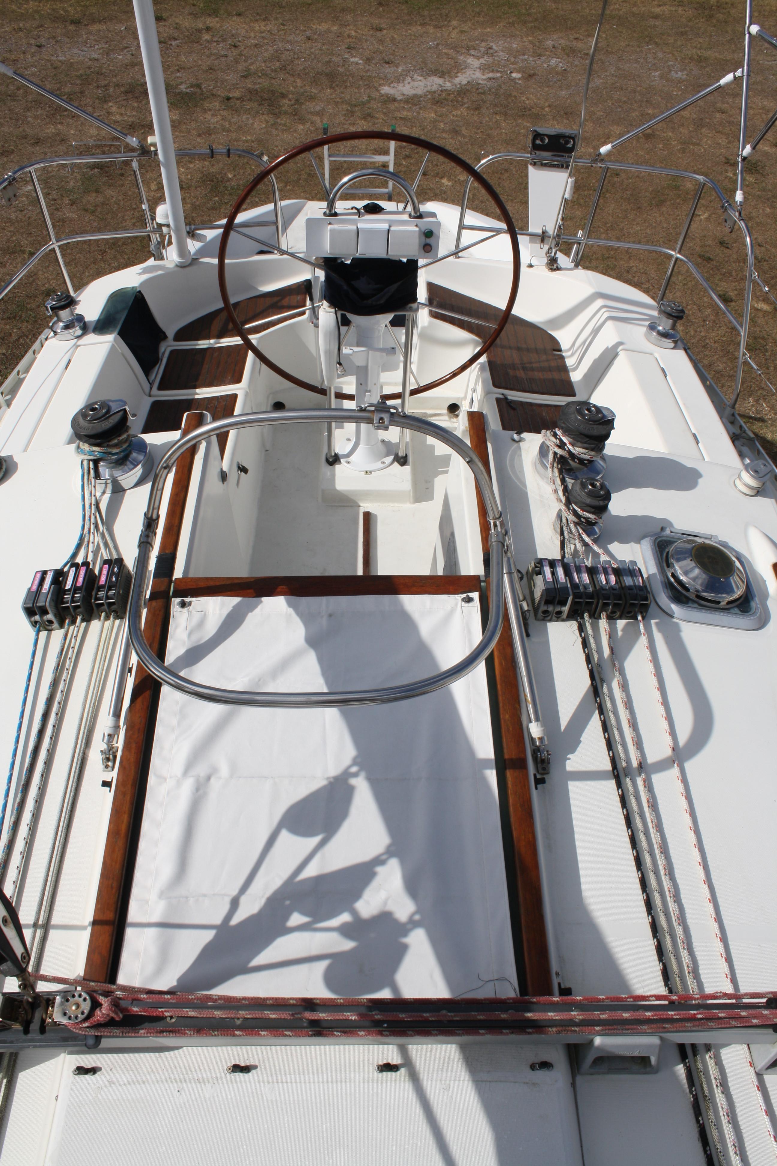 Looking aft over the companionway and into the cockpit you can see the transom extension with workable space for several people.