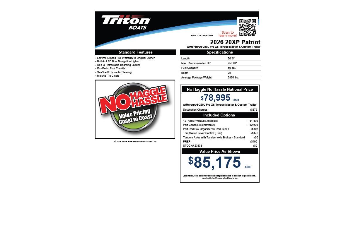 2026 Triton 20XP Patriot boat specifications and pricing details, featuring no-haggle pricing.