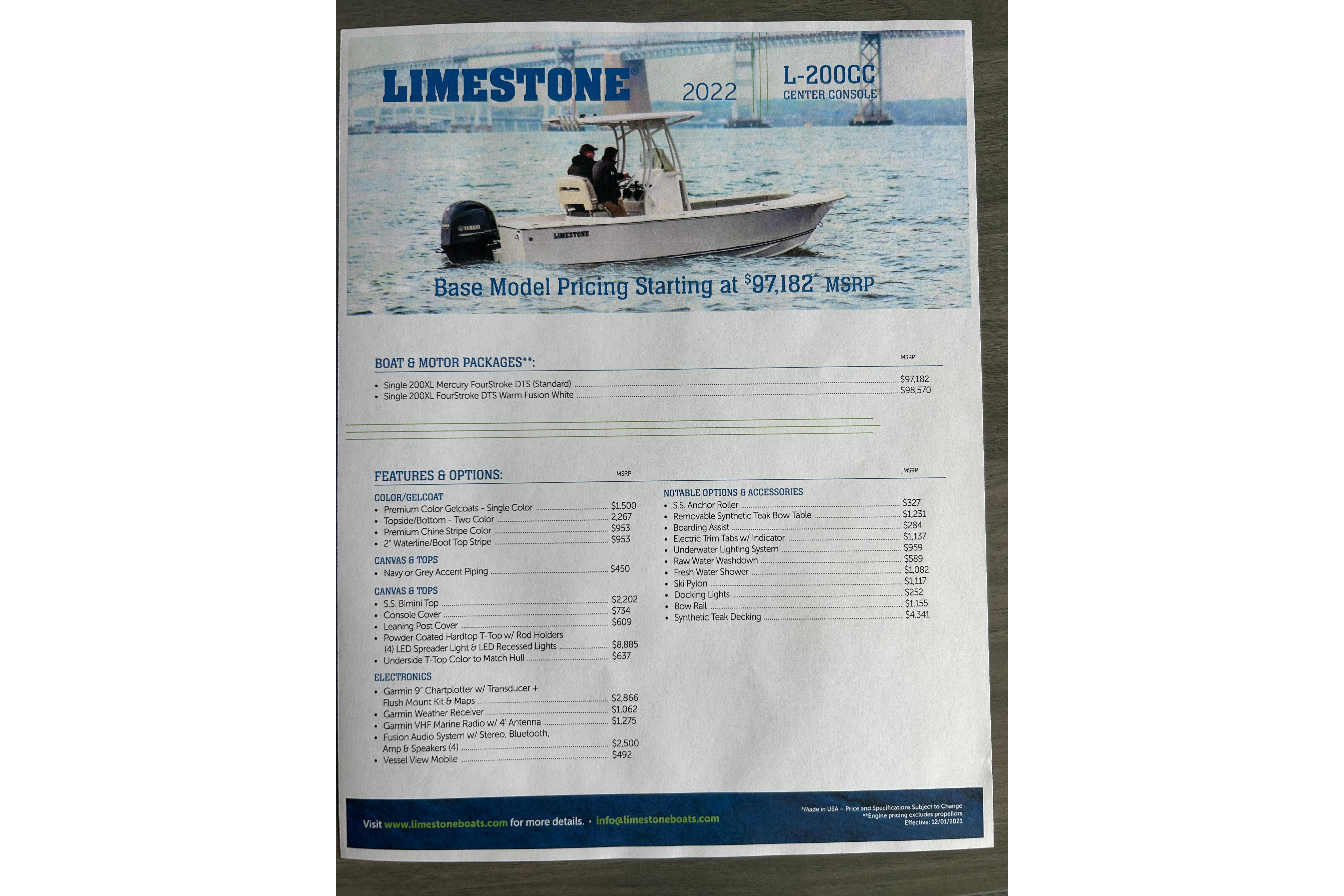 2022 Limestone L200CC boat brochure with pricing and features listed.