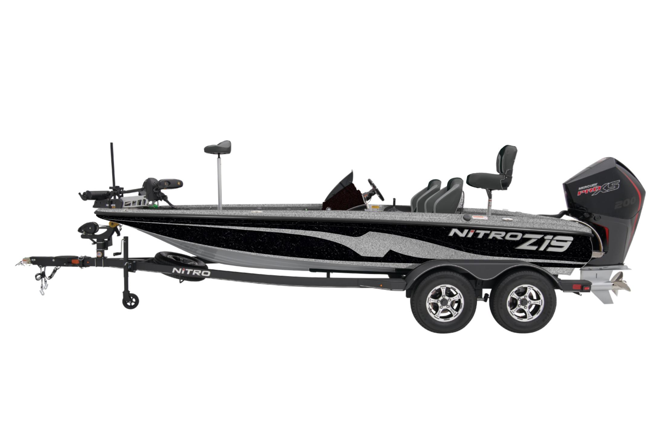 2026 Nitro Z19 XL bass boat with trailer, side view, sleek design, black and silver finish.