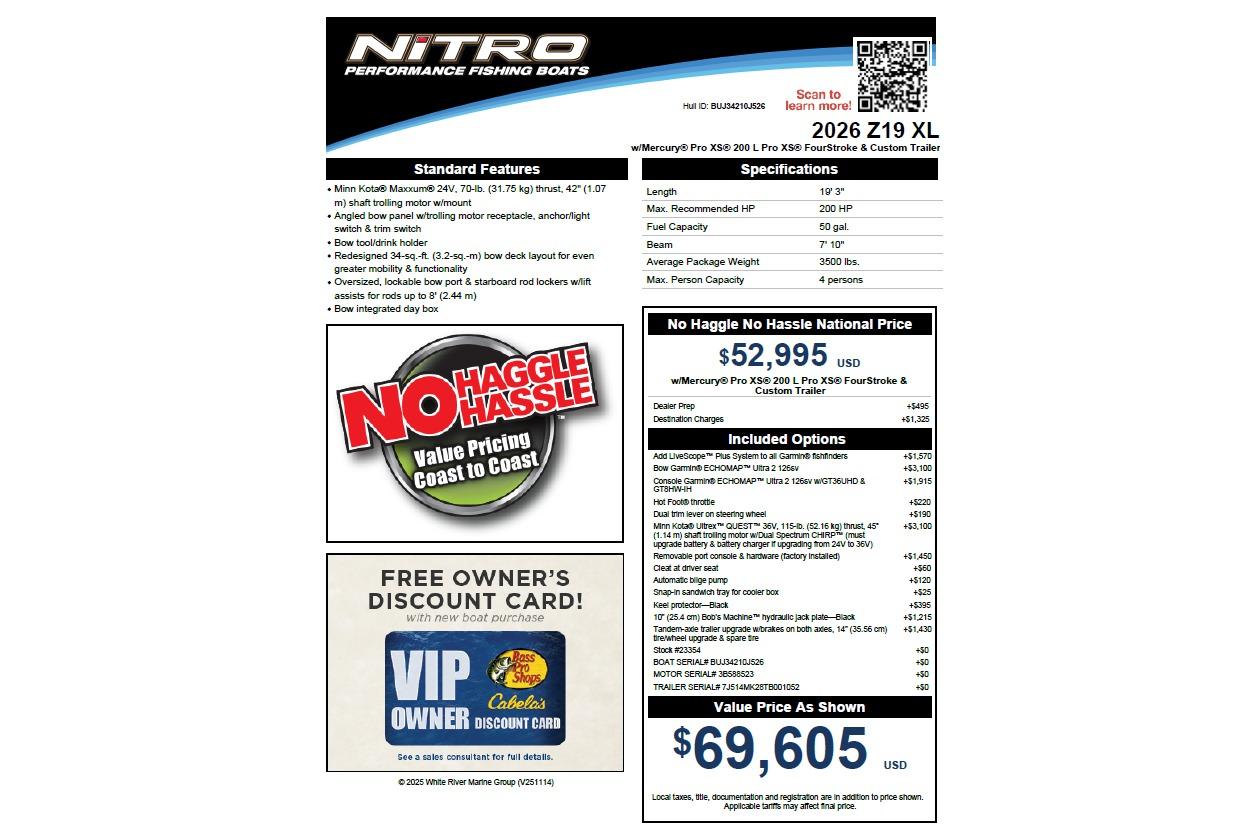 2026 Nitro Z19 XL fishing boat features, pricing, and specifications sheet.