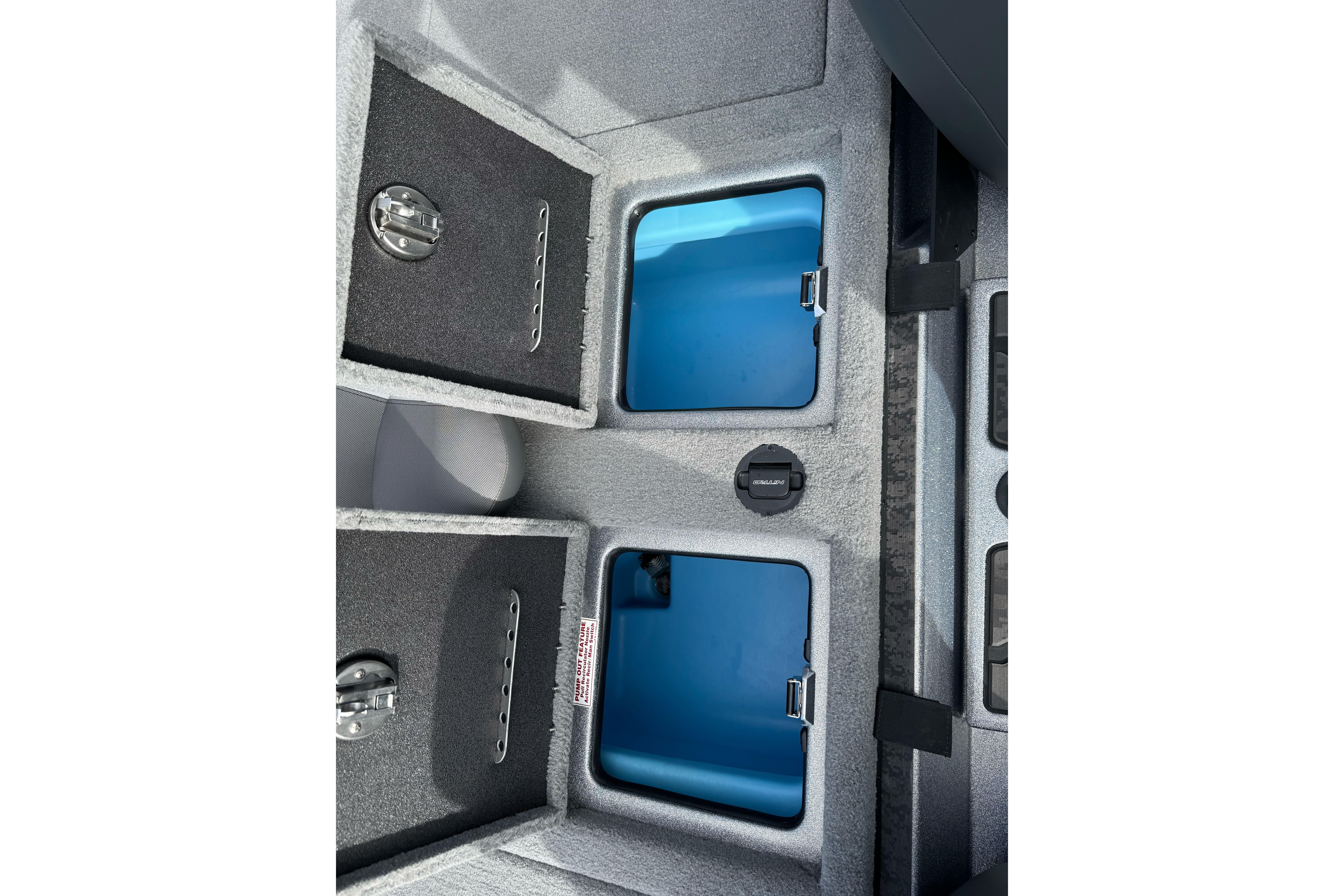 2026 Nitro Z19 XL boat storage compartments with blue interior and secure latches.