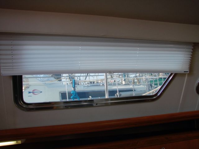 Window view from 2007 Hunter 44 Deck Salon with blind.