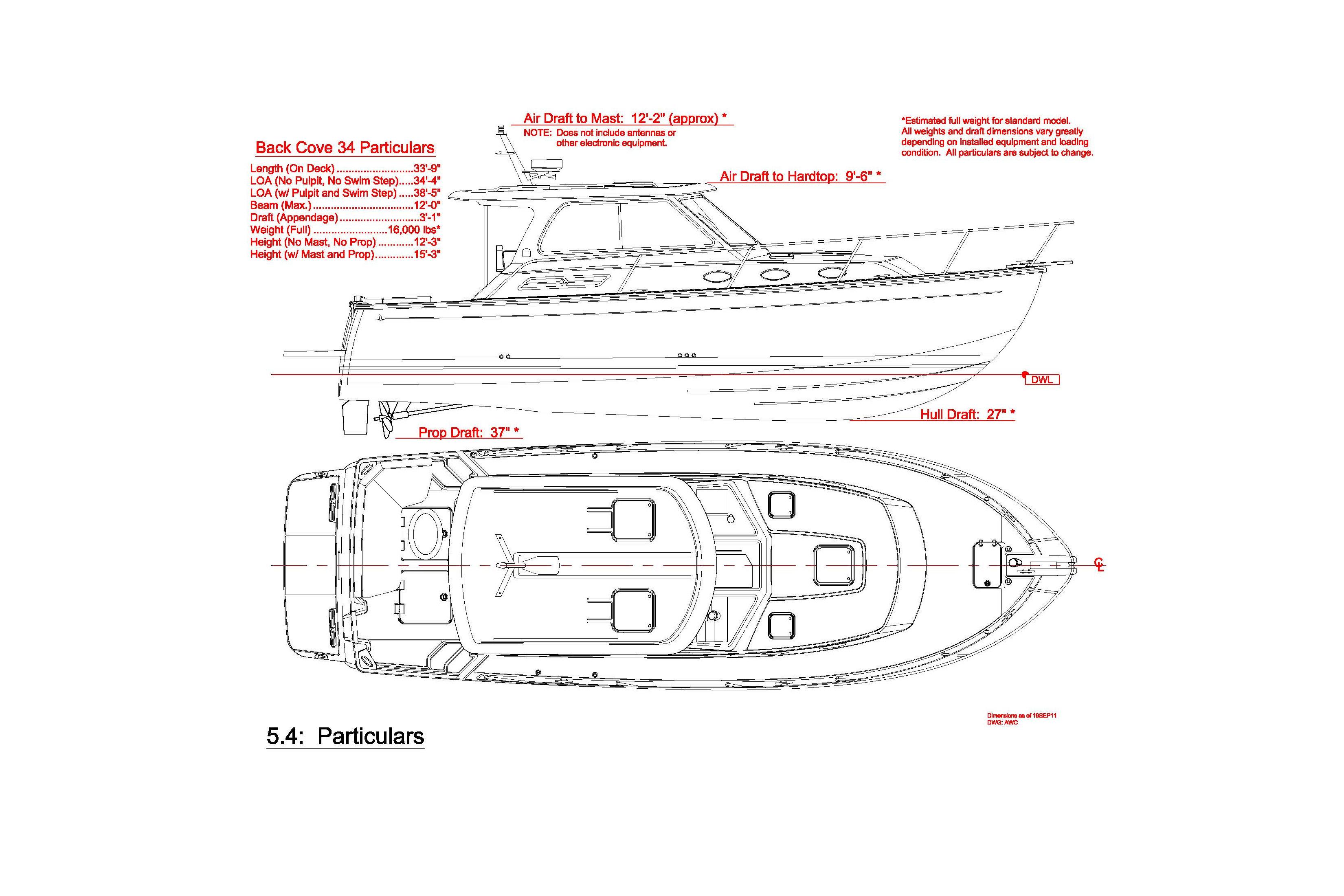 Blueprint of 2014 Back Cove 34 boat, showing side and top views with specifications.