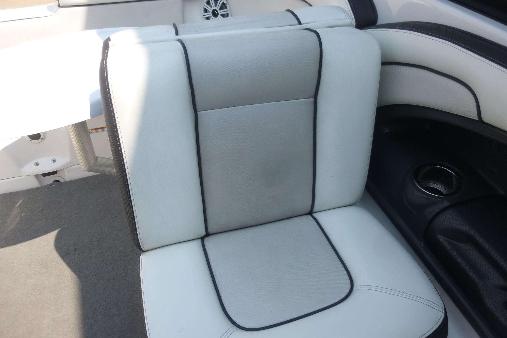 2014 Yamaha Boats 240 interior seat with gray and black upholstery.