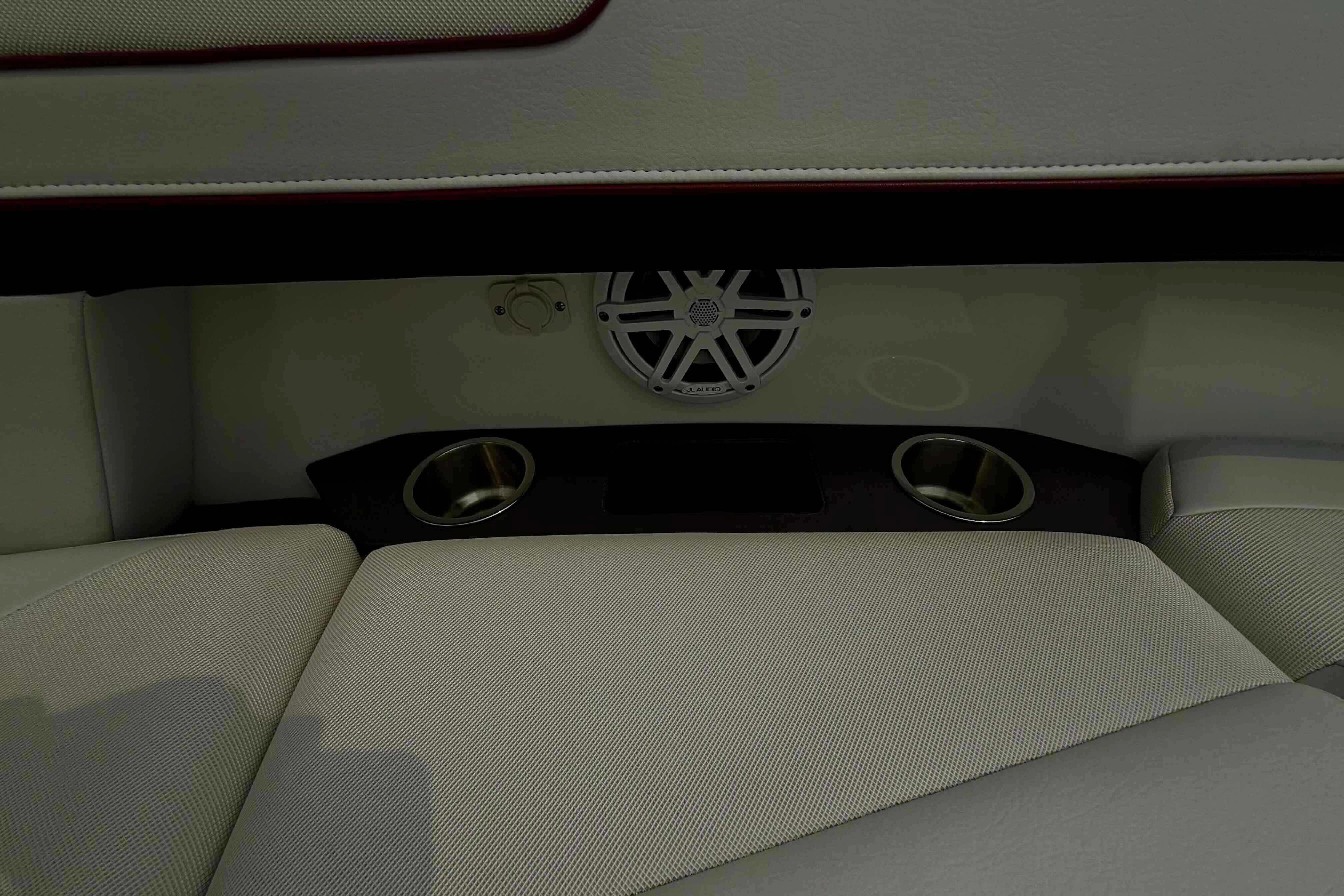 Interior of 2020 Formula 290 Bowrider with speaker and cup holders.