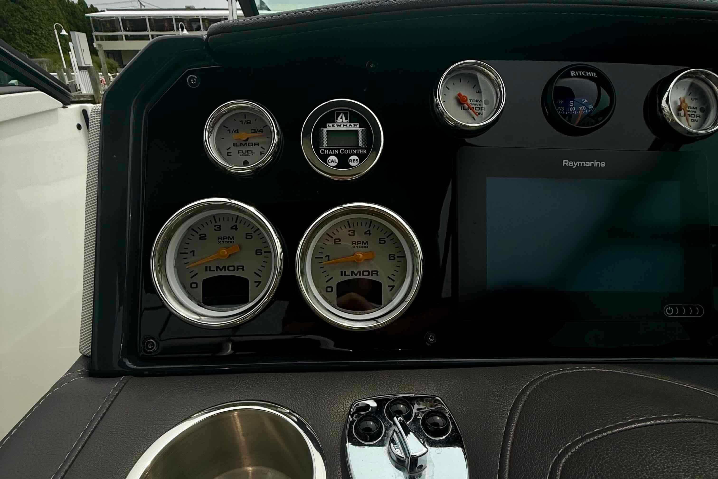 Dashboard of a 2020 Formula 290 Bowrider with gauges and Raymarine display.