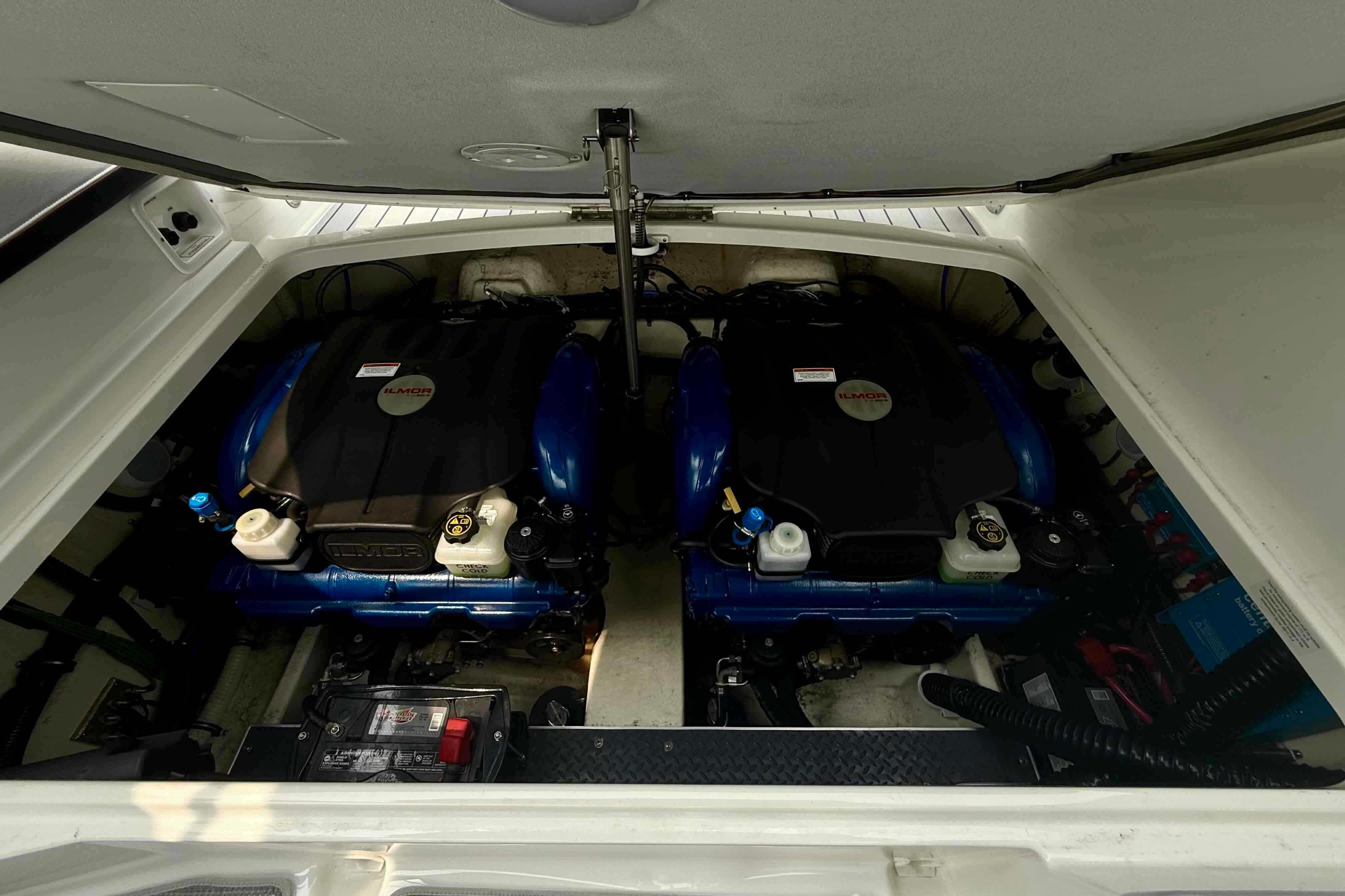 Engine compartment of a 2020 Formula 290 Bowrider boat, featuring dual Ilmor engines.