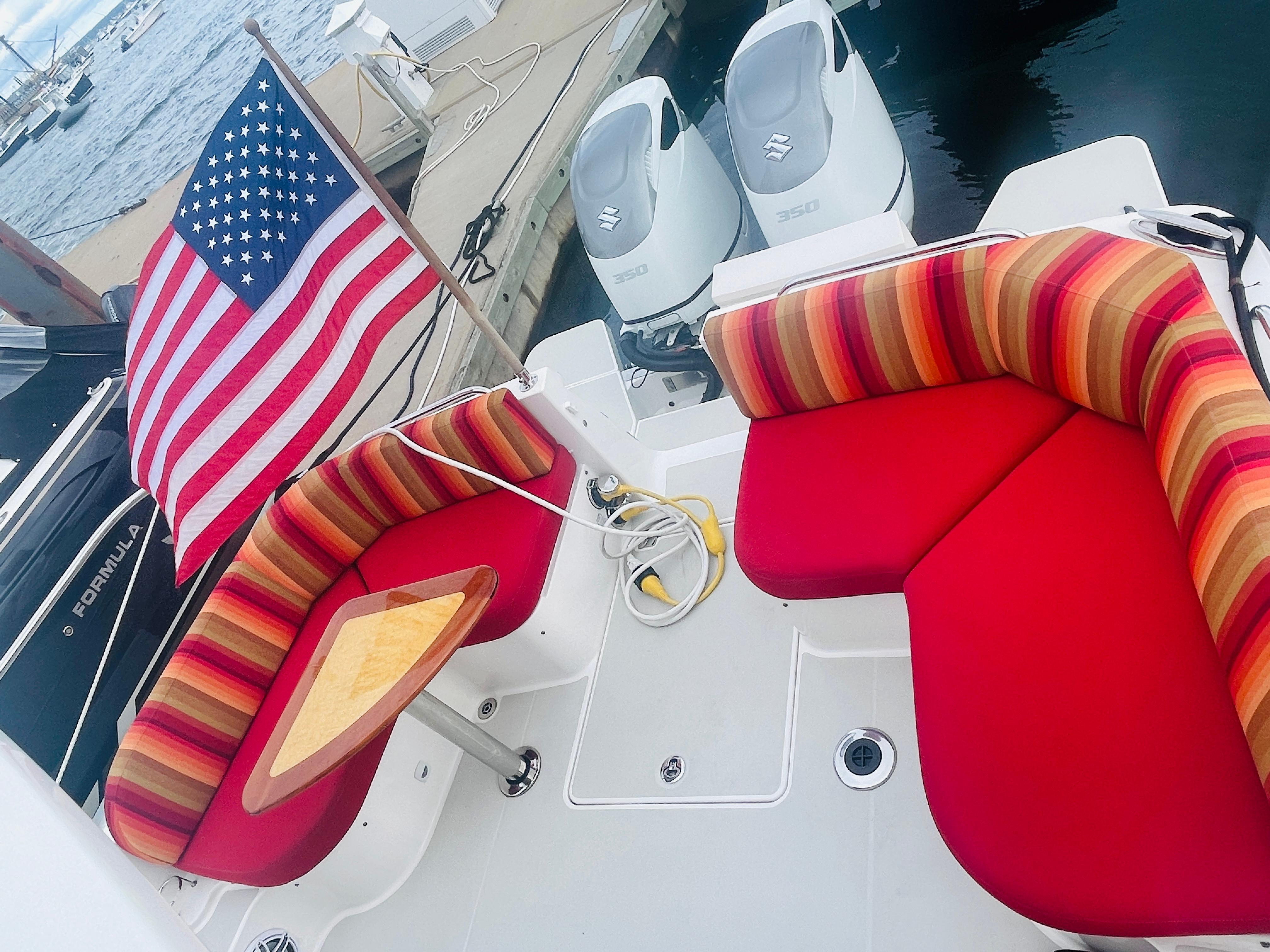 Sea Kat Yacht Photos Pics Custom Sunbrella cockpit fabric with varnished table