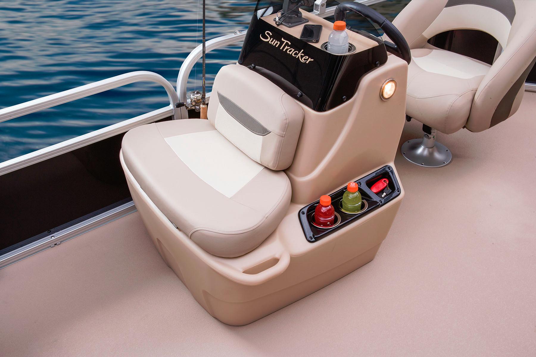 2014 Sun Tracker Bass Buggy 18 DLX boat interior with seating and cup holders.