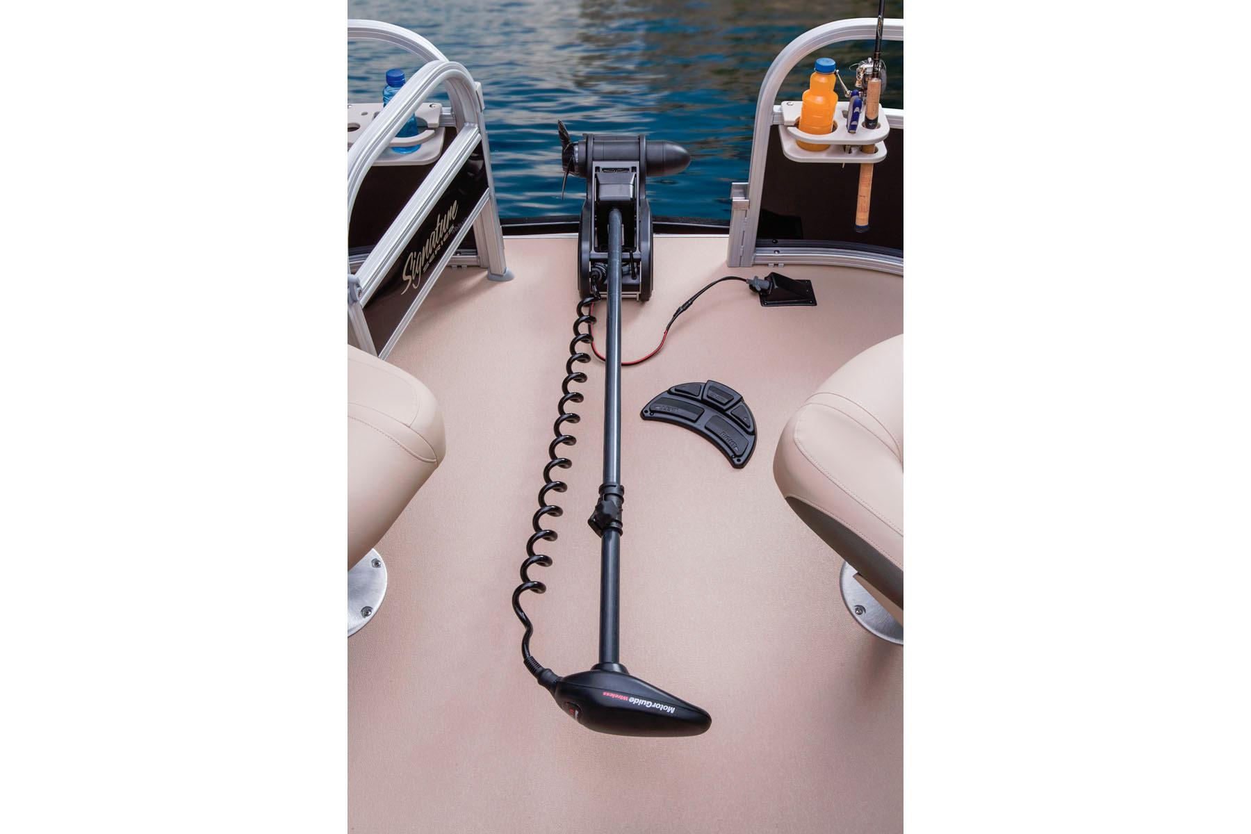 2014 Sun Tracker Bass Buggy 18 DLX boat deck with trolling motor and foot pedal.