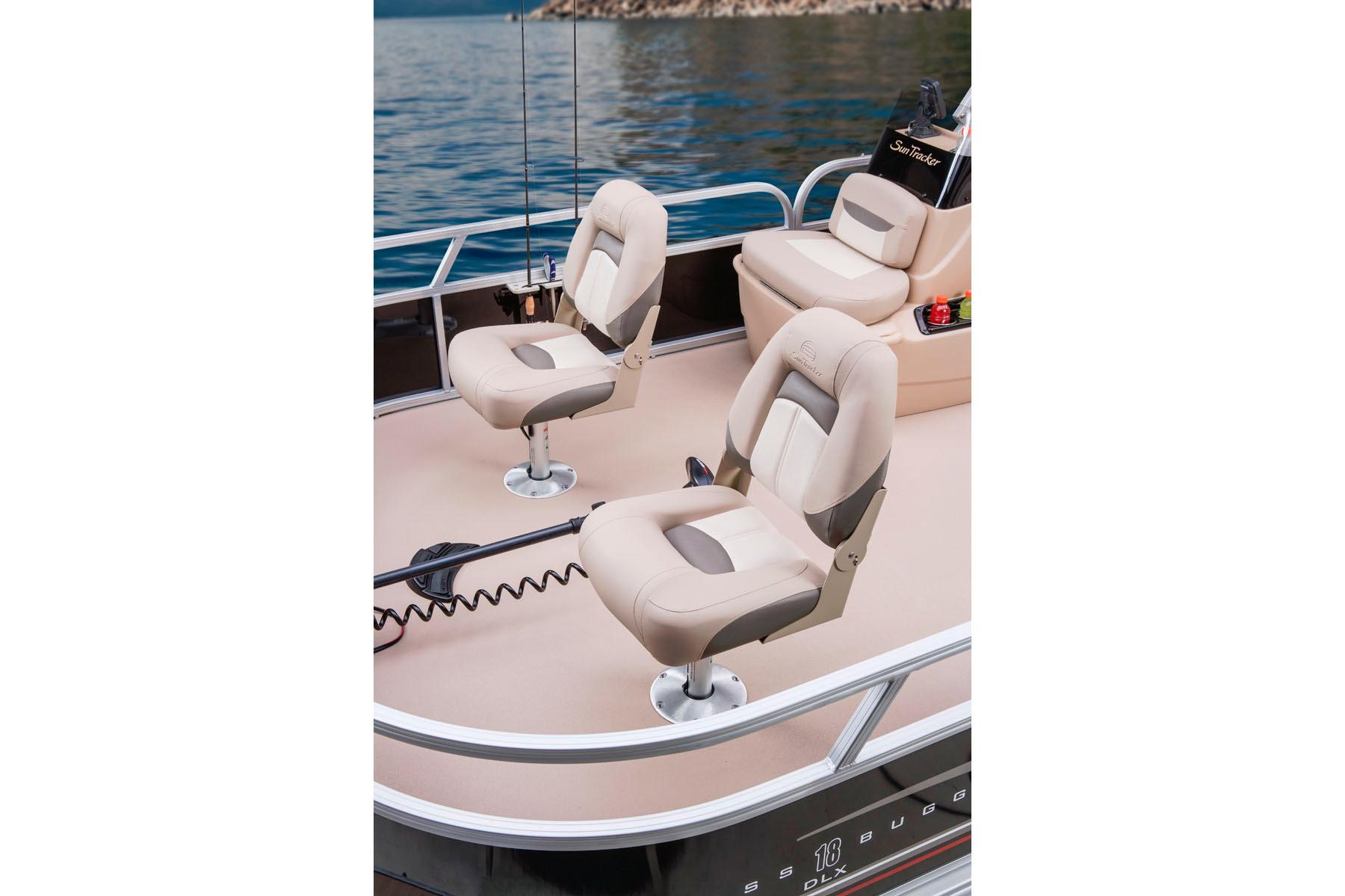 2014 Sun Tracker Bass Buggy 18 DLX boat with comfortable seating on a calm lake.