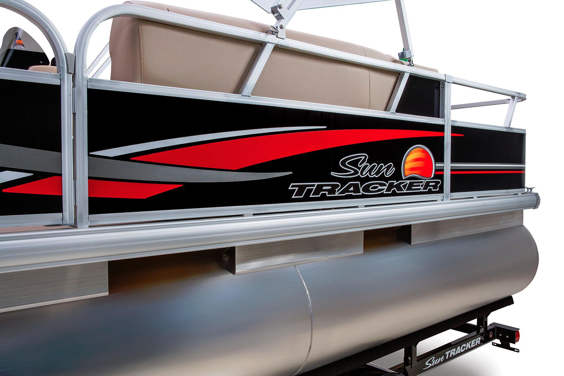 2014 Sun Tracker Bass Buggy 18 DLX pontoon boat with sleek black and red design.