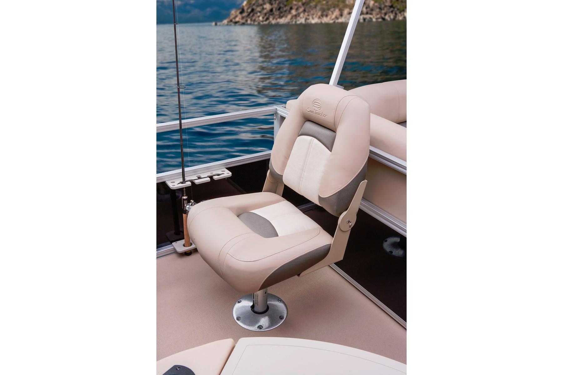 2014 Sun Tracker Bass Buggy 18 DLX boat seat with scenic water backdrop.