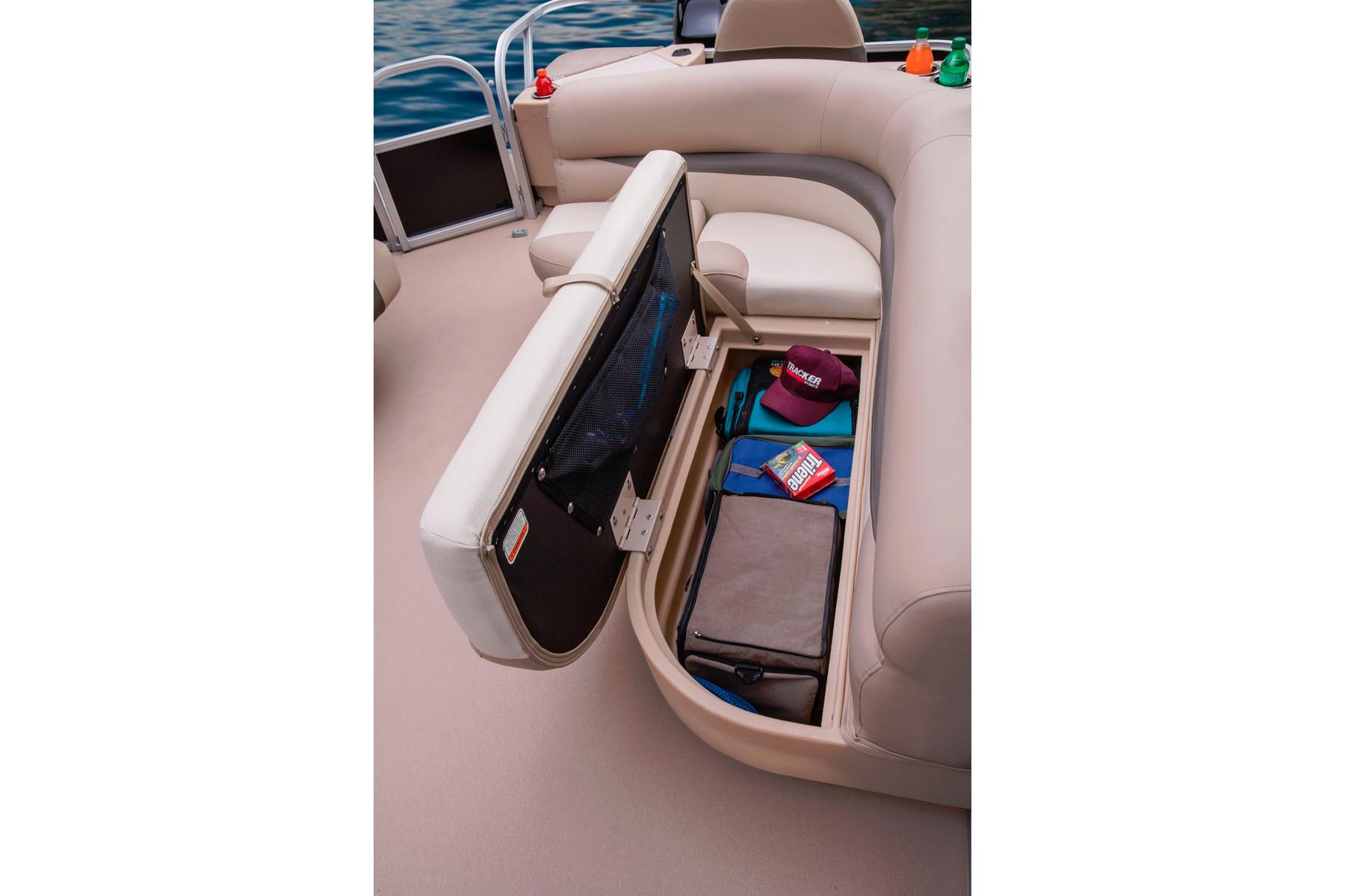 2014 Sun Tracker Bass Buggy 18 DLX pontoon boat with open storage compartment.