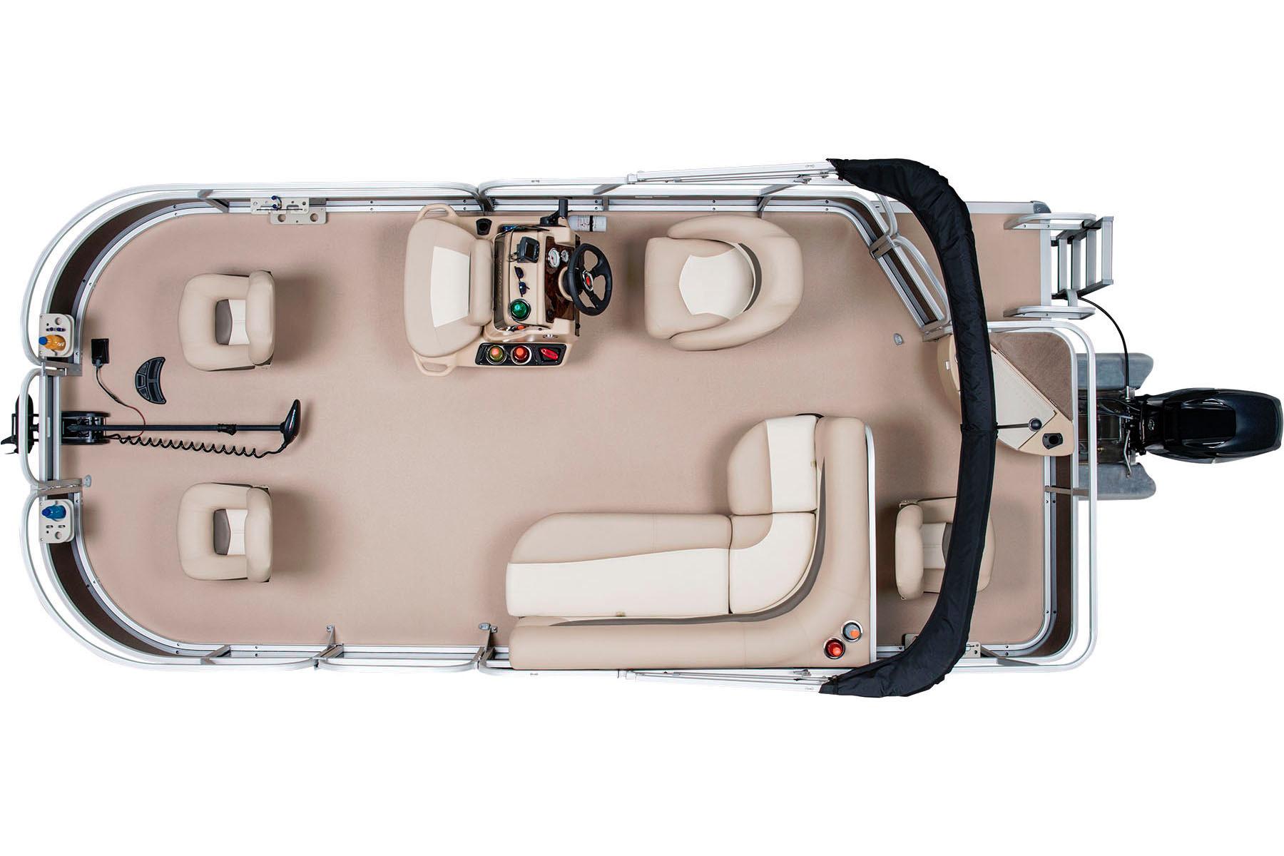 2014 Sun Tracker Bass Buggy 18 DLX pontoon boat, top view, beige seating, steering console.