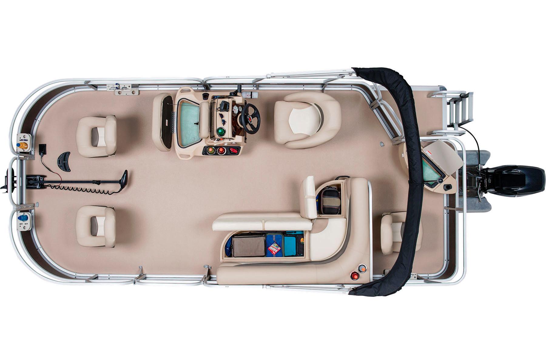 2014 Sun Tracker Bass Buggy 18 DLX pontoon boat, top view, beige interior, seating, and controls.