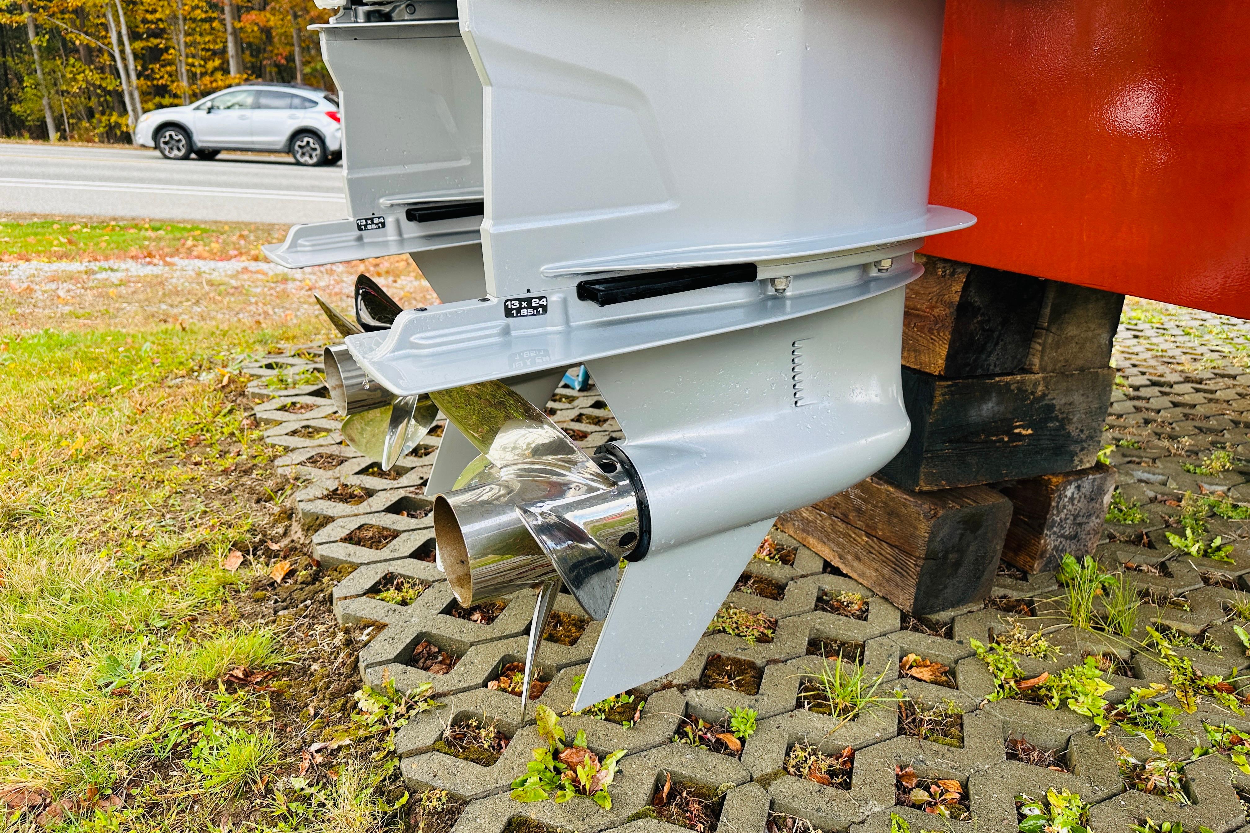 2024 Back Cove 34O boat propellers on display outdoors.