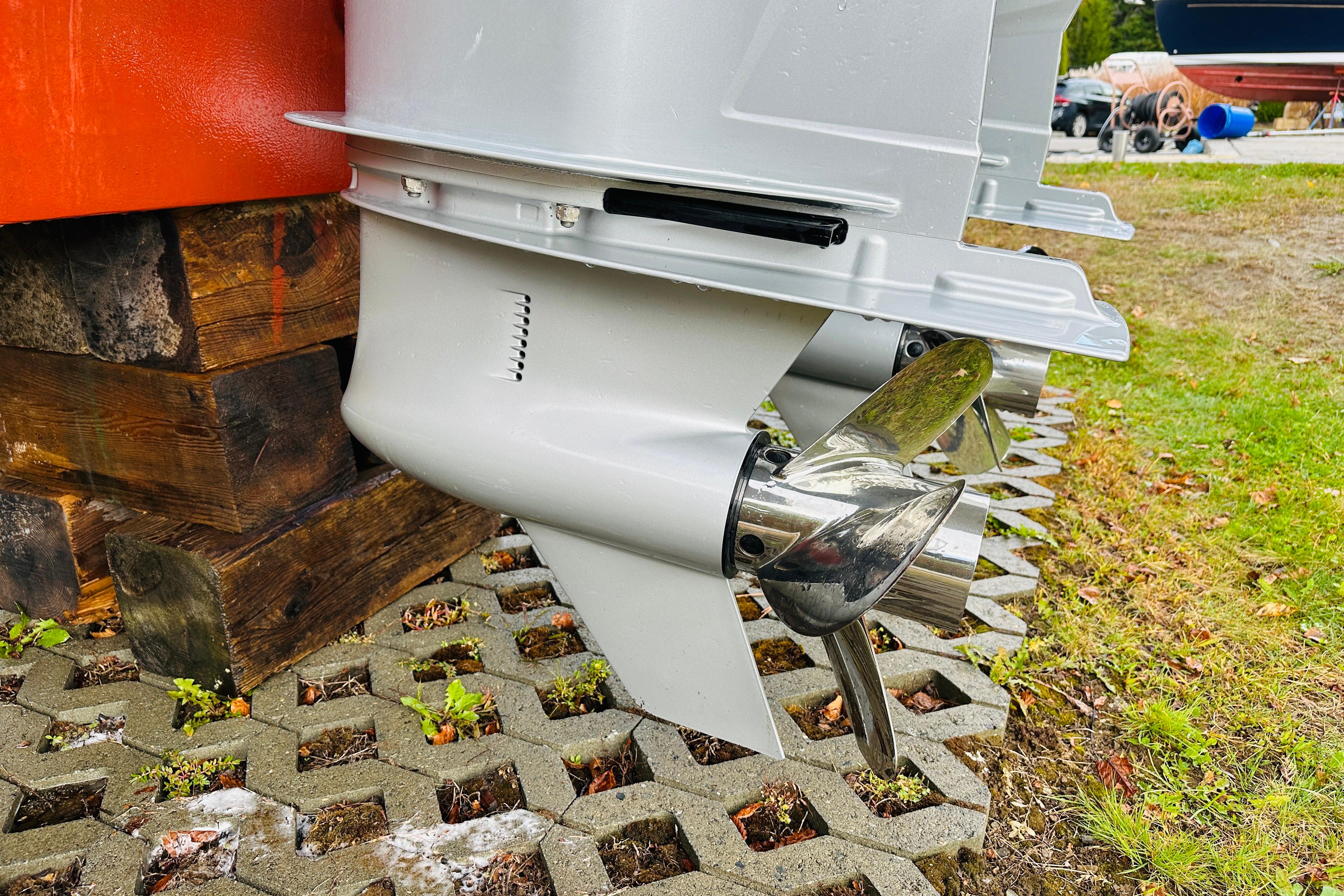 2024 Back Cove 34O boat propeller detail on display outdoors.