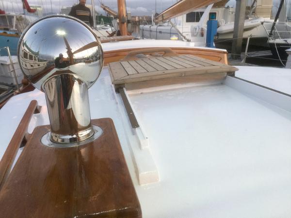 1971 Formosa 41 yacht deck with polished metal and wooden details.