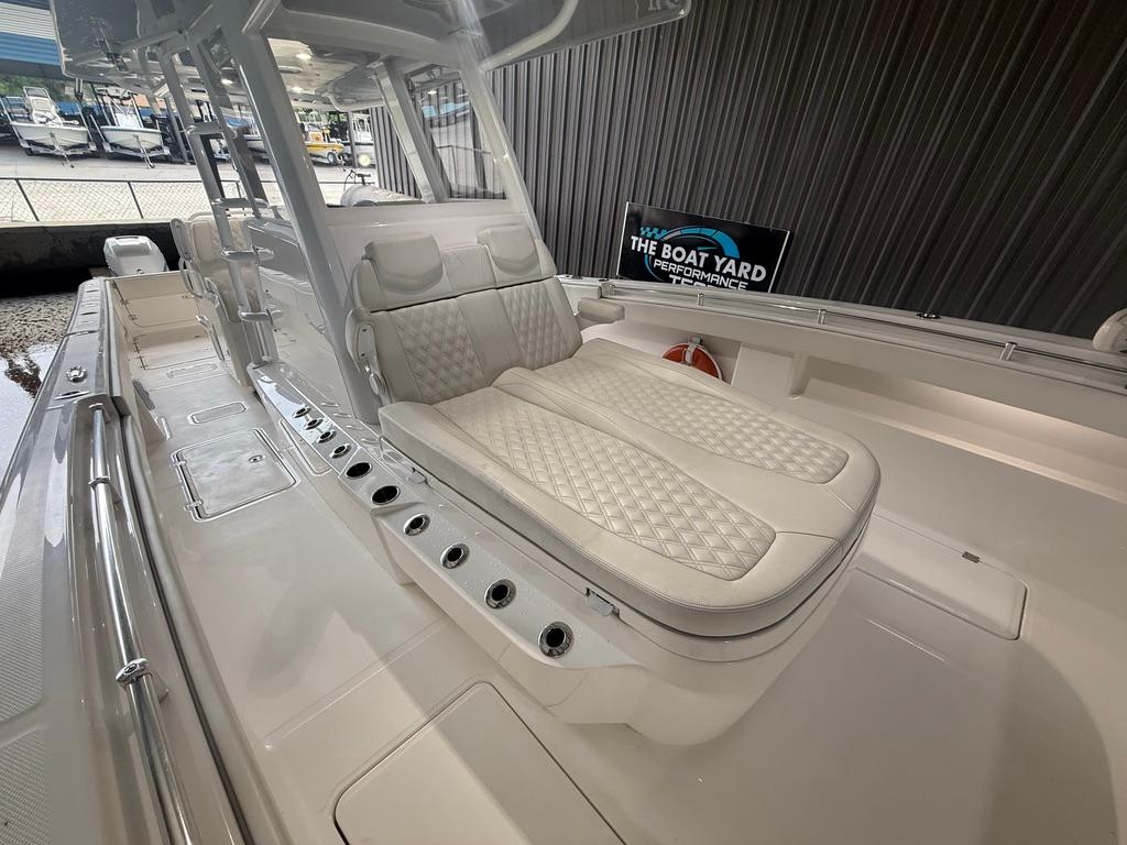 2022 Invincible 33 Catamaran with luxurious seating and sleek design at The Boat Yard.