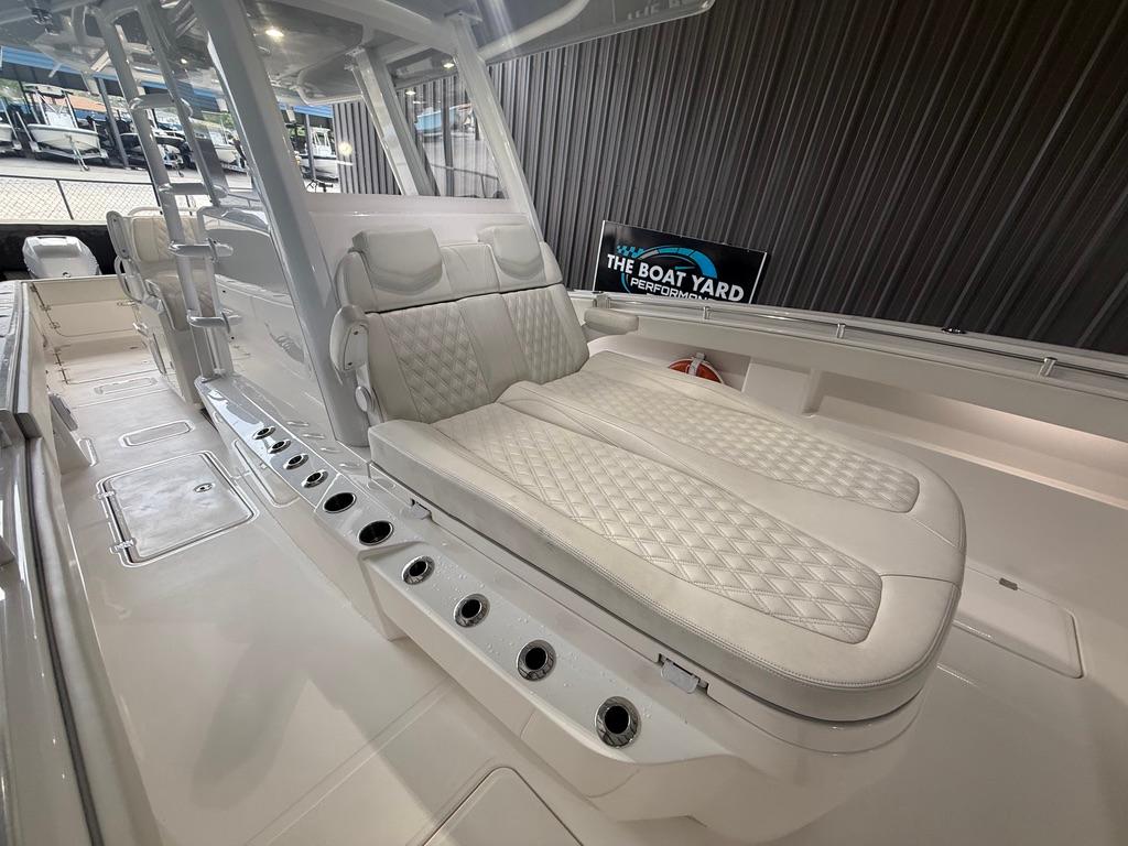2022 Invincible 33 Catamaran with luxurious seating and modern design at The Boat Yard.