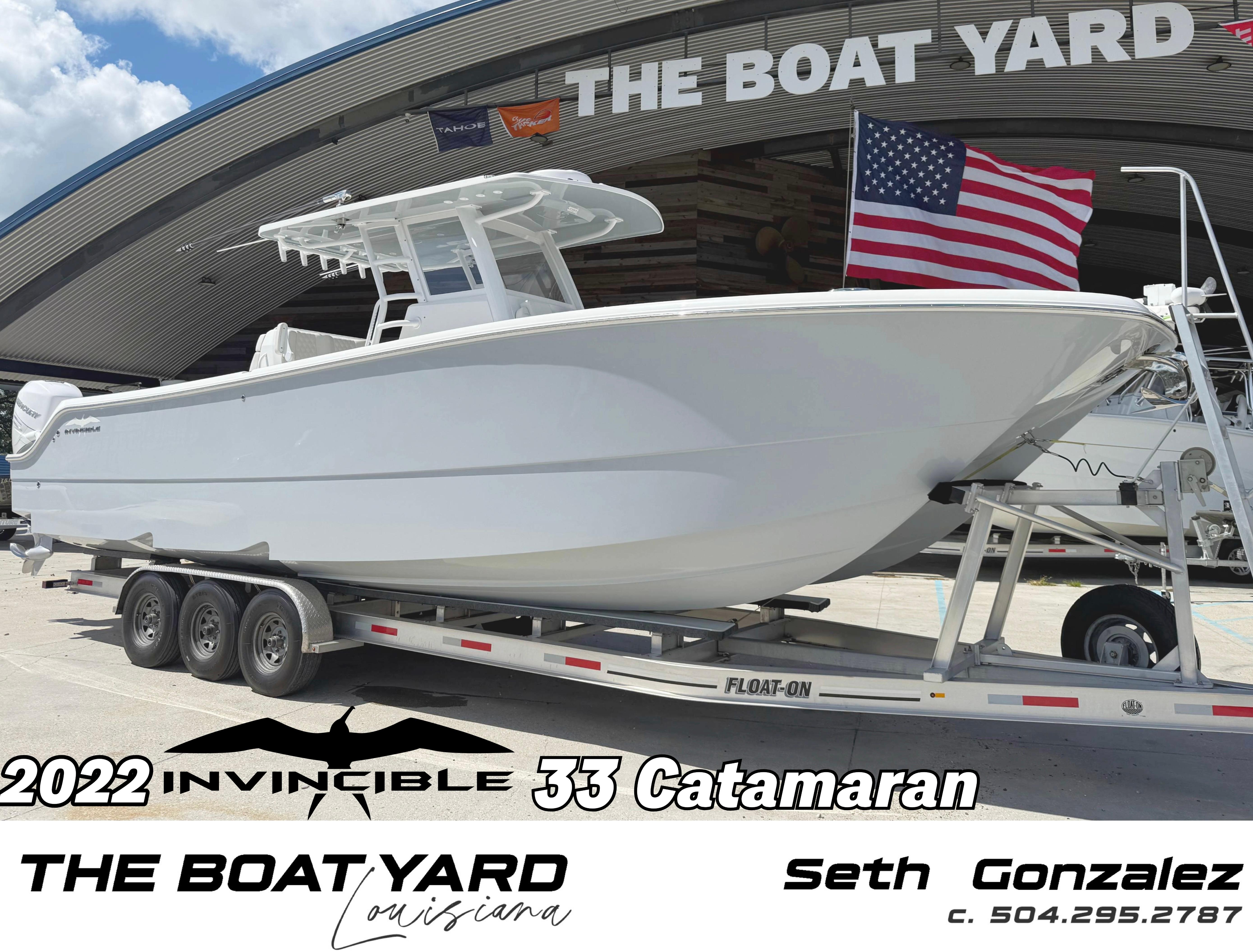 2022 Invincible 33 Catamaran on trailer at The Boat Yard, Louisiana.
