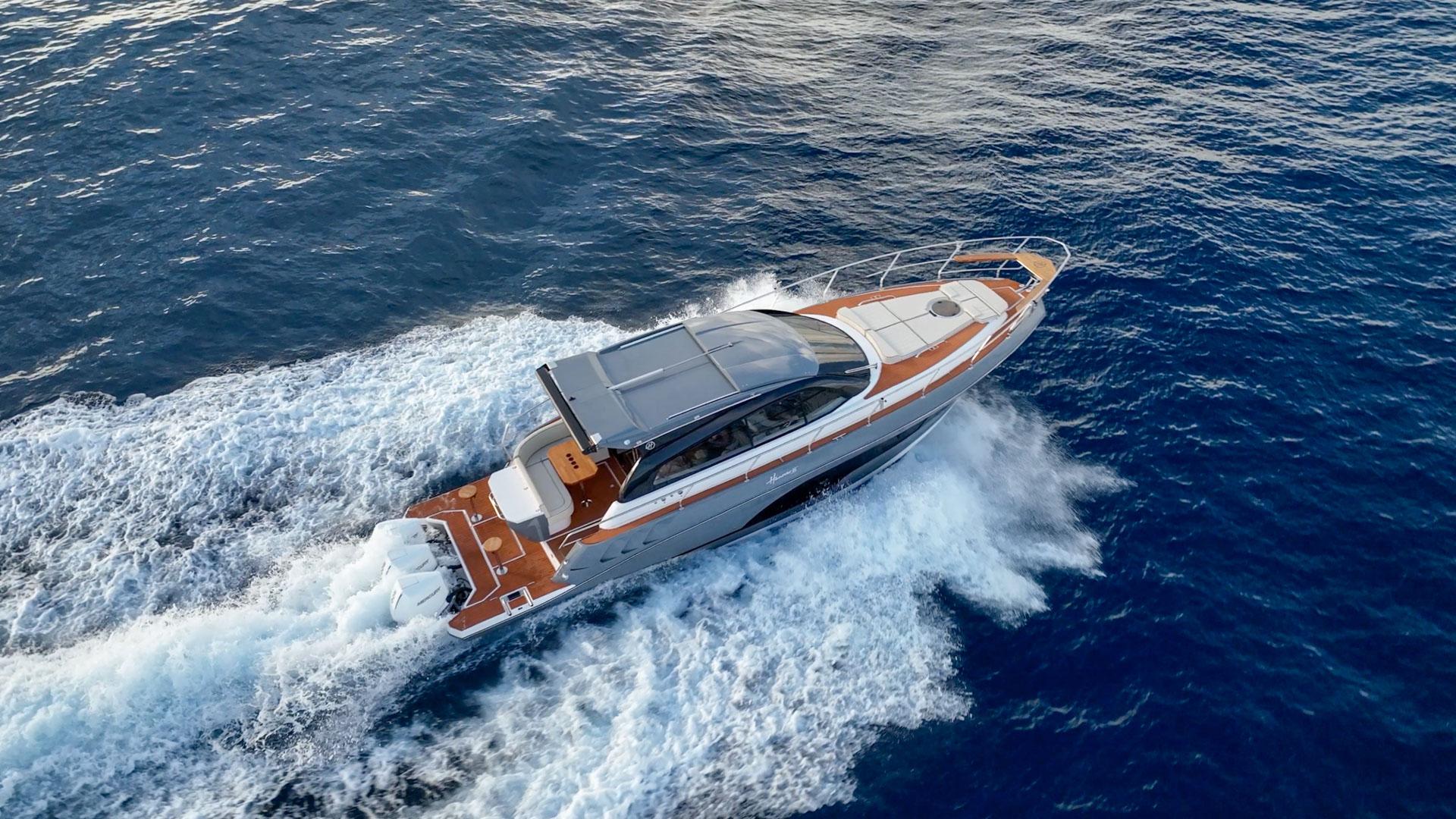 Hanover-415 2024-Music FL-US-2024 Hanover 415 yacht cruising on open sea, aerial view.-9751409 | Thumbnail