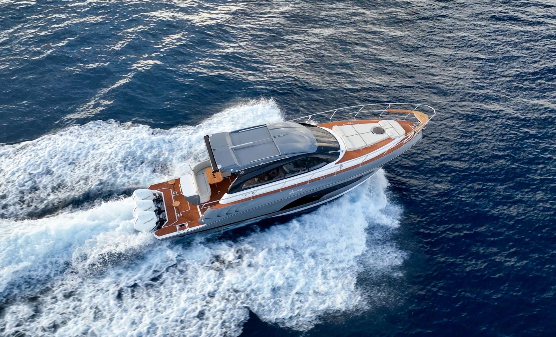 Hanover-415 2024-Music FL-US-2024 Hanover 415 yacht cruising on open sea, aerial view.-9751409 | Thumbnail