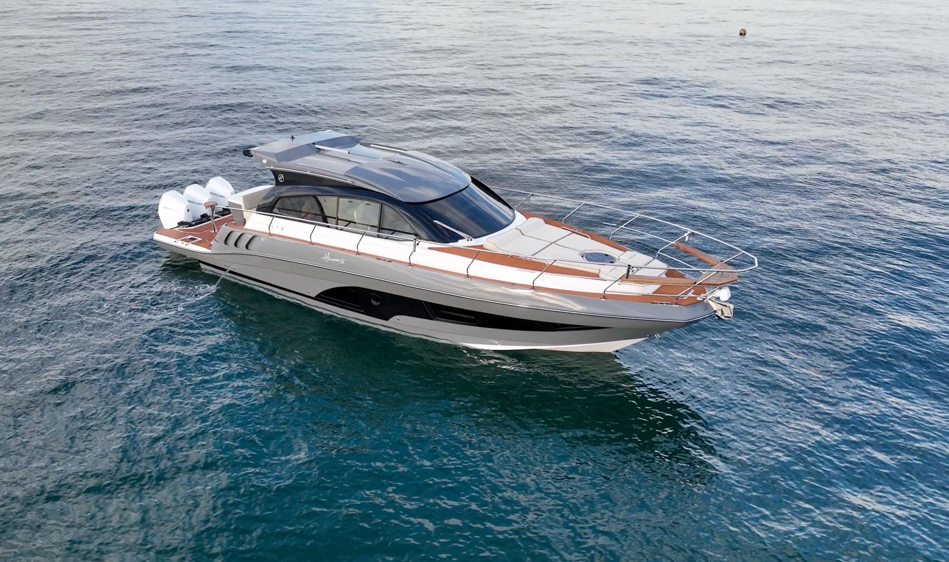 Hanover-415 2024-Music FL-US-2024 Hanover 415 yacht cruising on open water, showcasing sleek design and modern features.-9751409 | Thumbnail