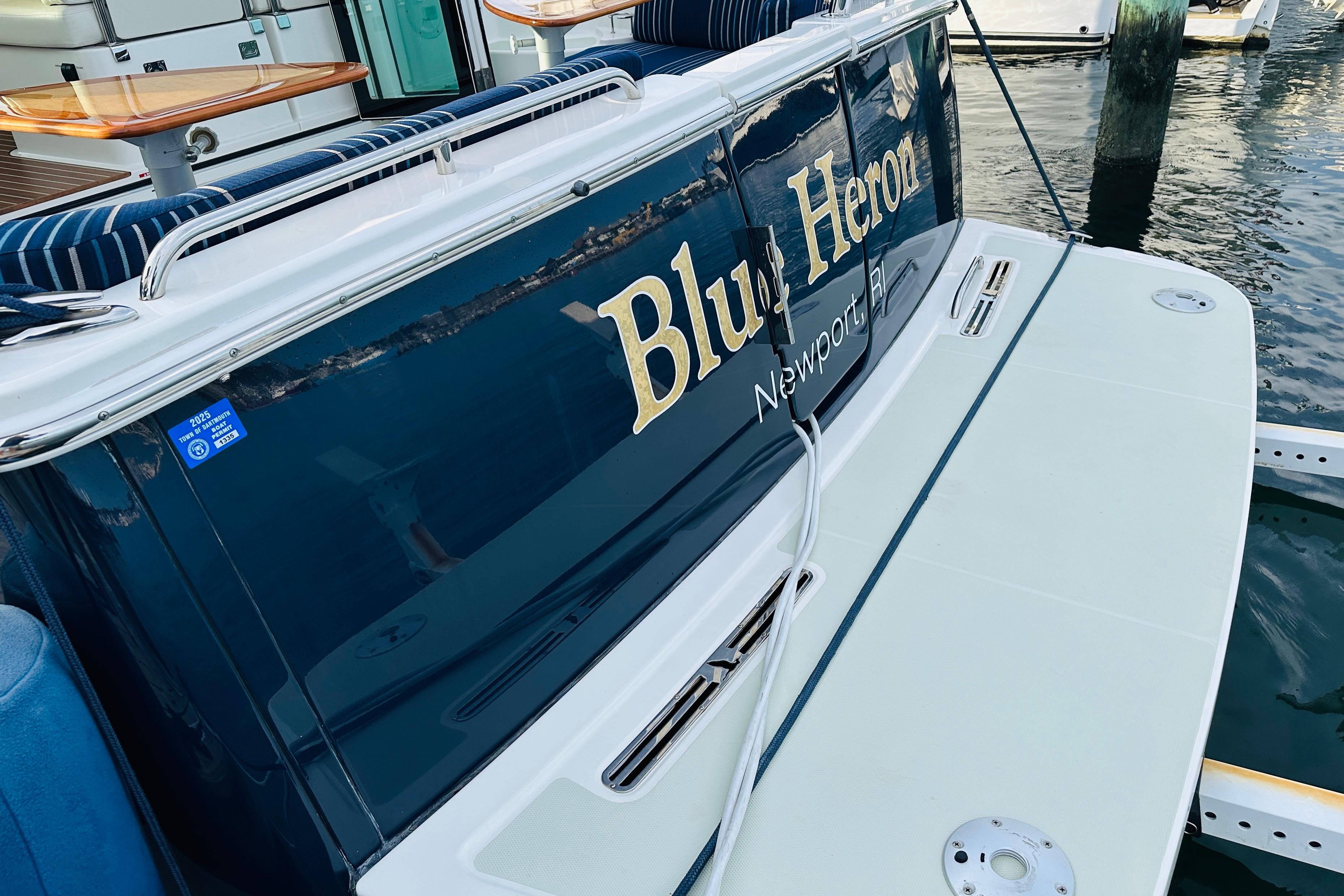 Back Cove 37 boat, 2020 model, named u0022Blue Heronu0022 docked at Newport.