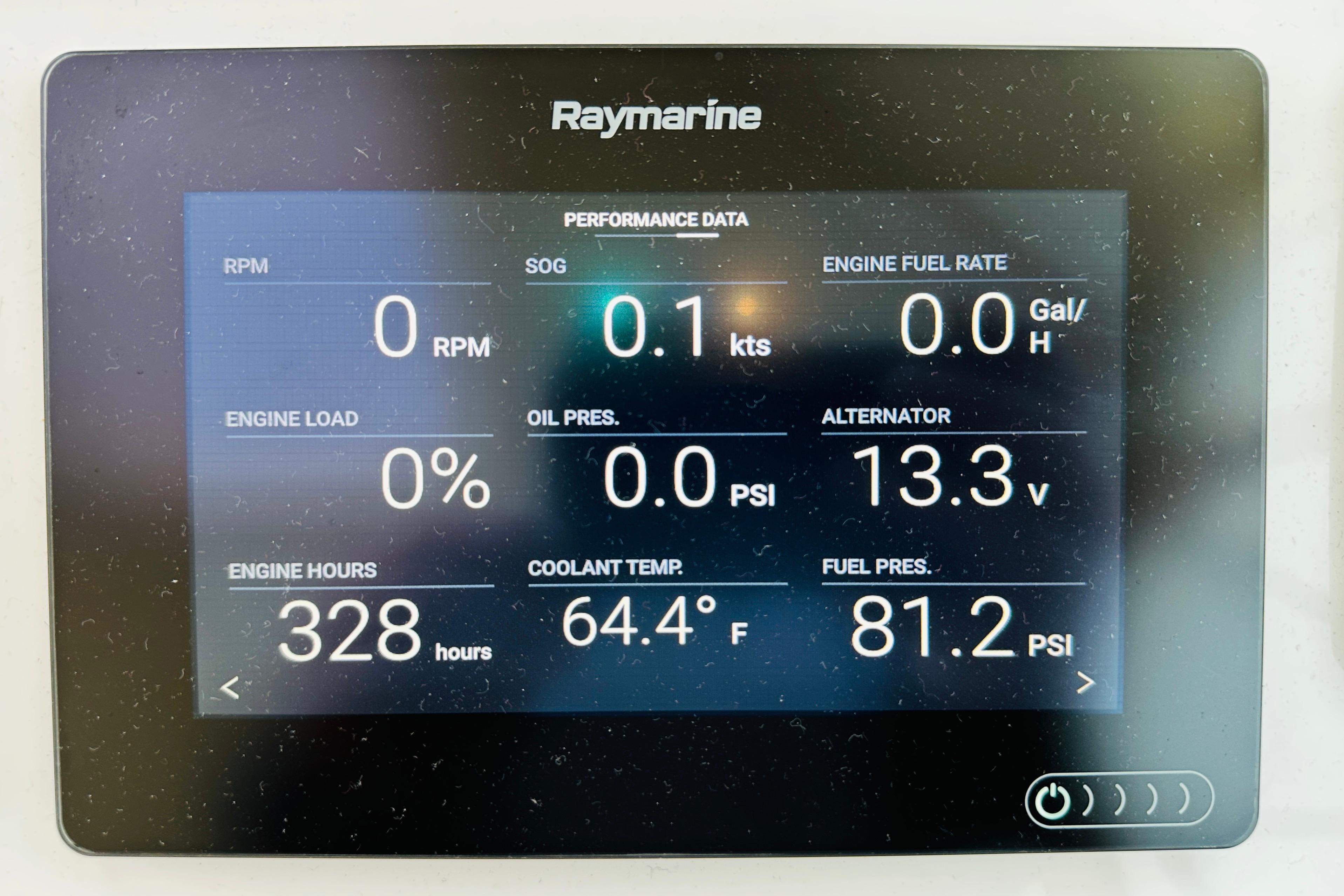 Raymarine display showing performance data for 2020 Back Cove 37 boat.