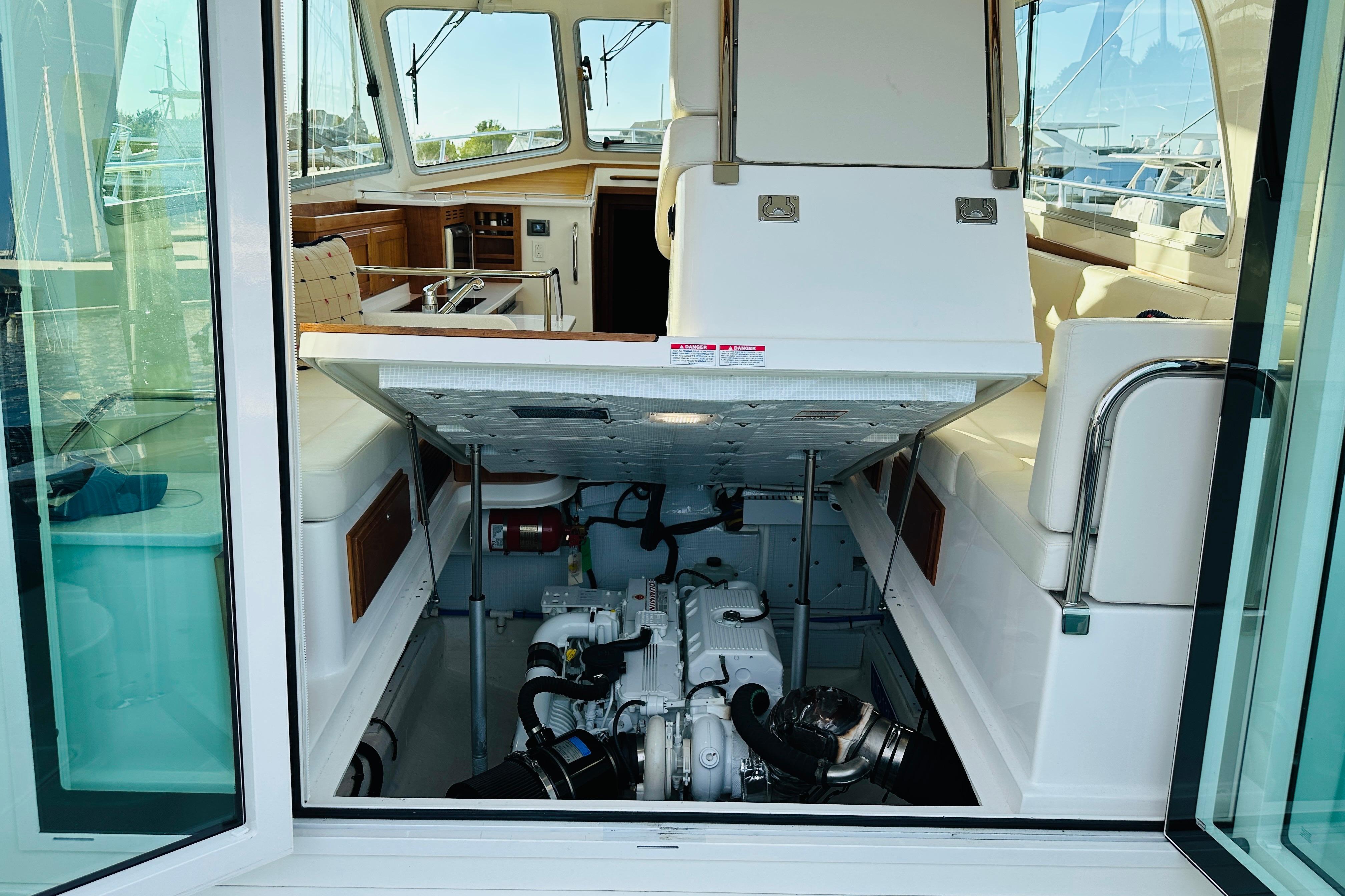 2020 Back Cove 37 yacht engine compartment with open hatch, showcasing interior details.