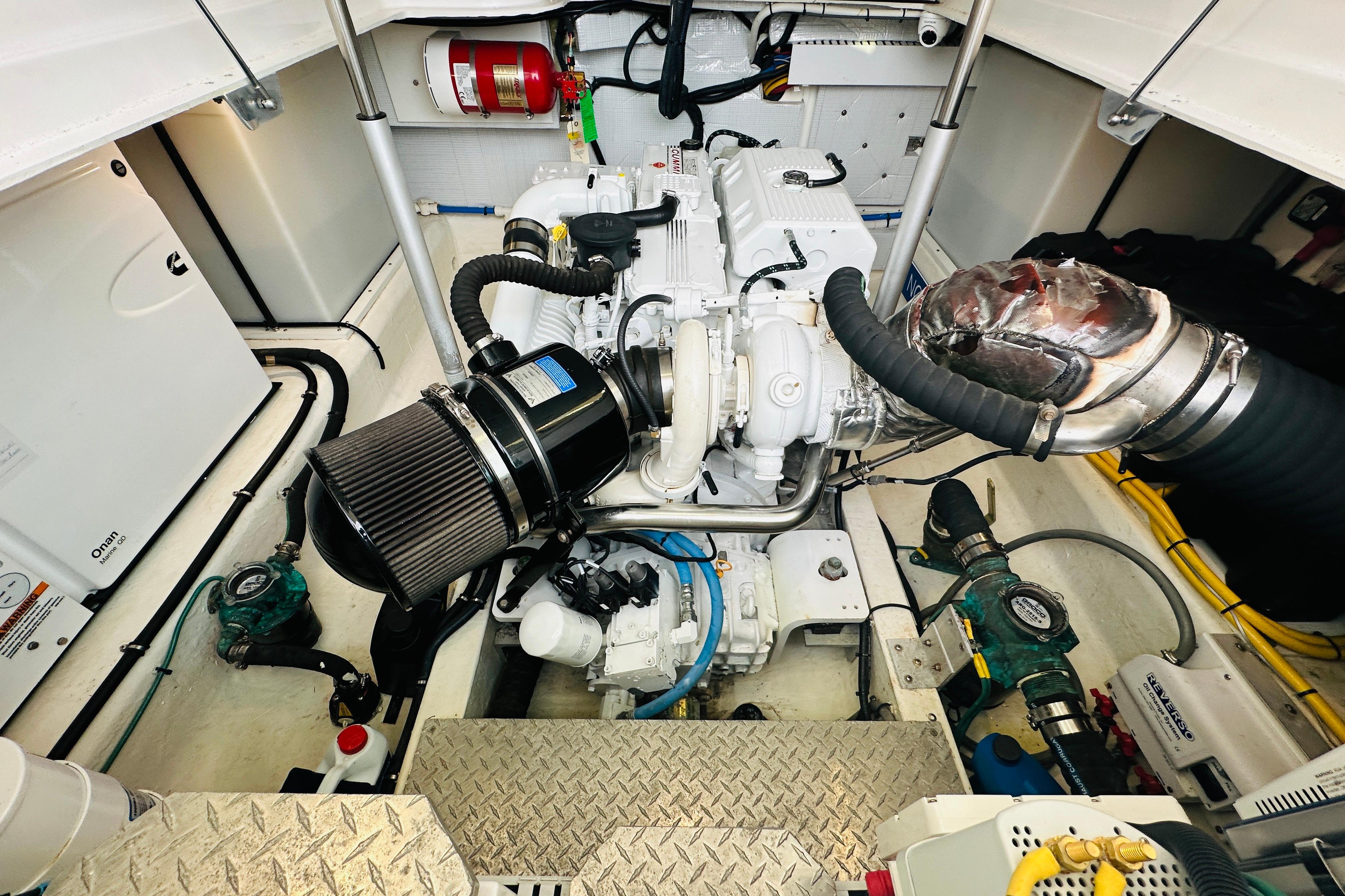 Engine room of 2020 Back Cove 37 boat with visible components and equipment.