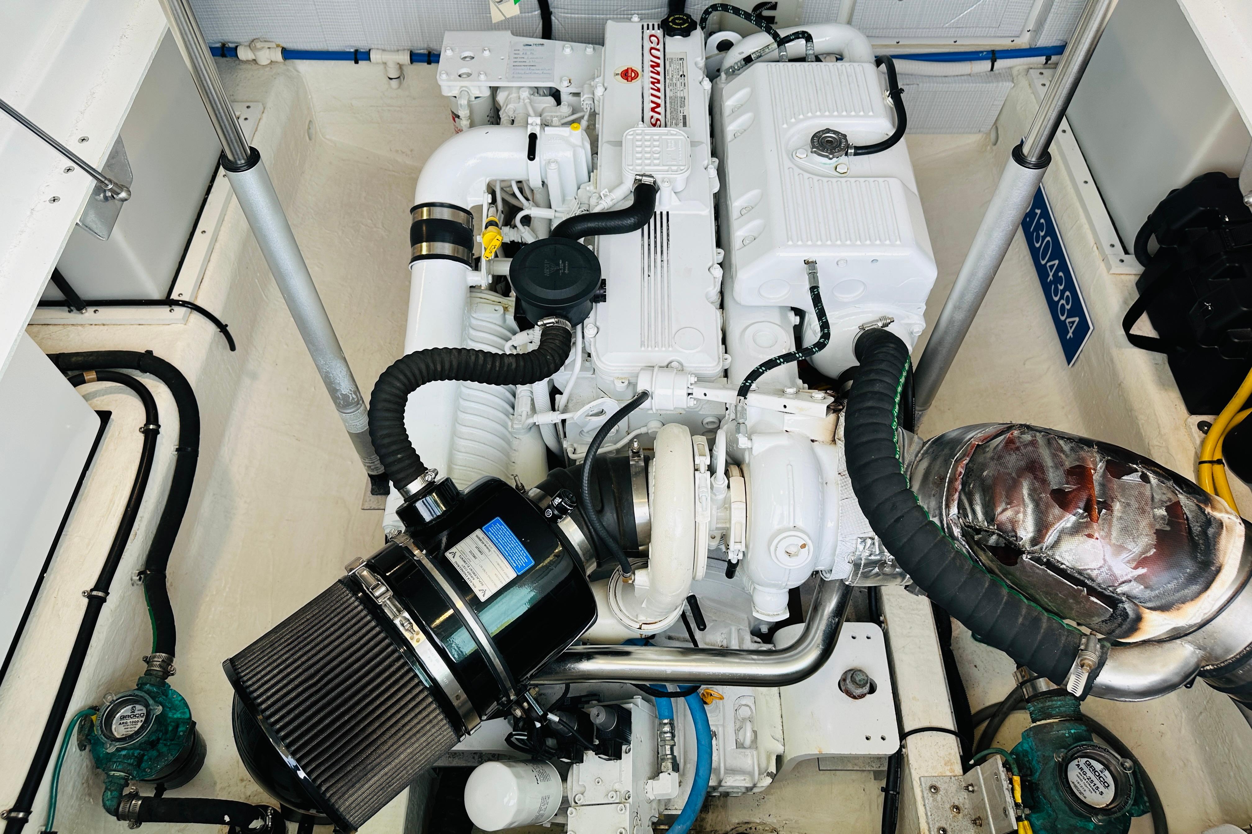Engine room of 2020 Back Cove 37 boat with Cummins engine.