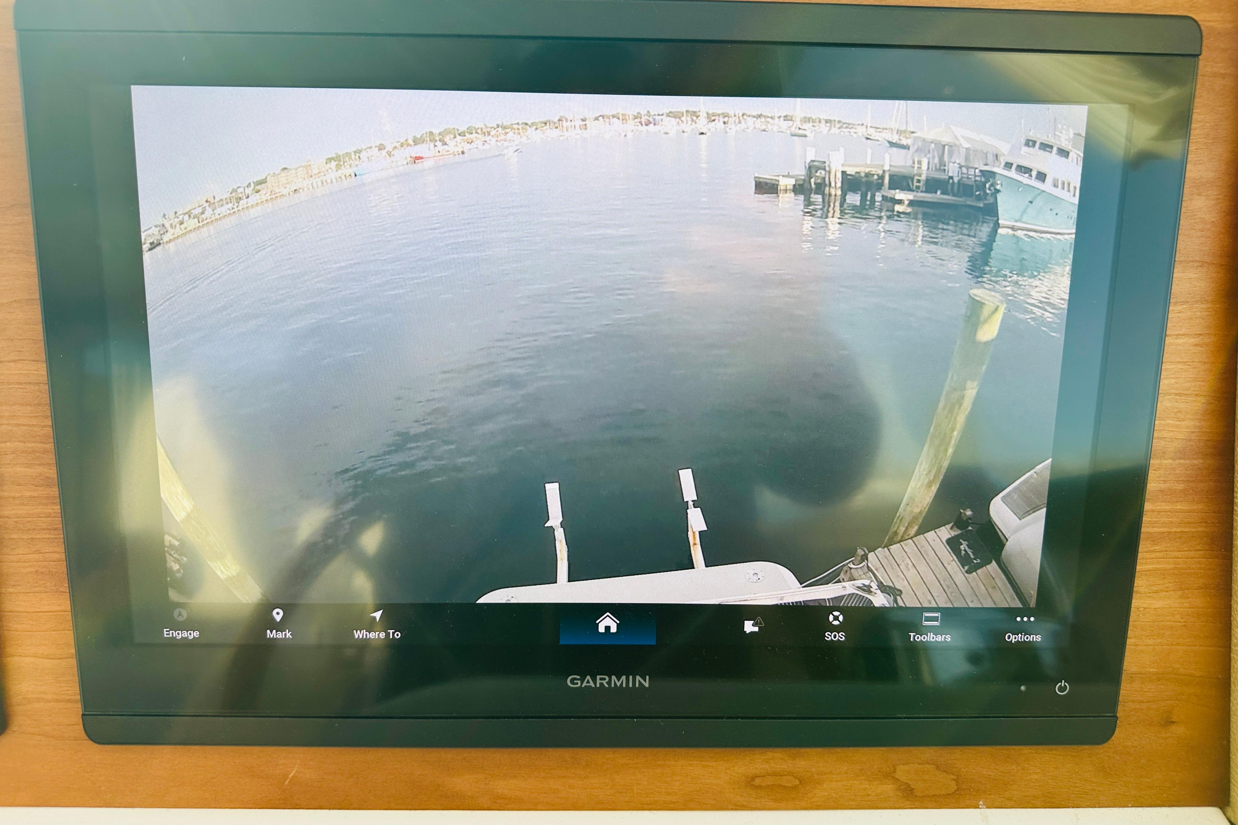 Garmin display on 2020 Back Cove 37 showing marina view.