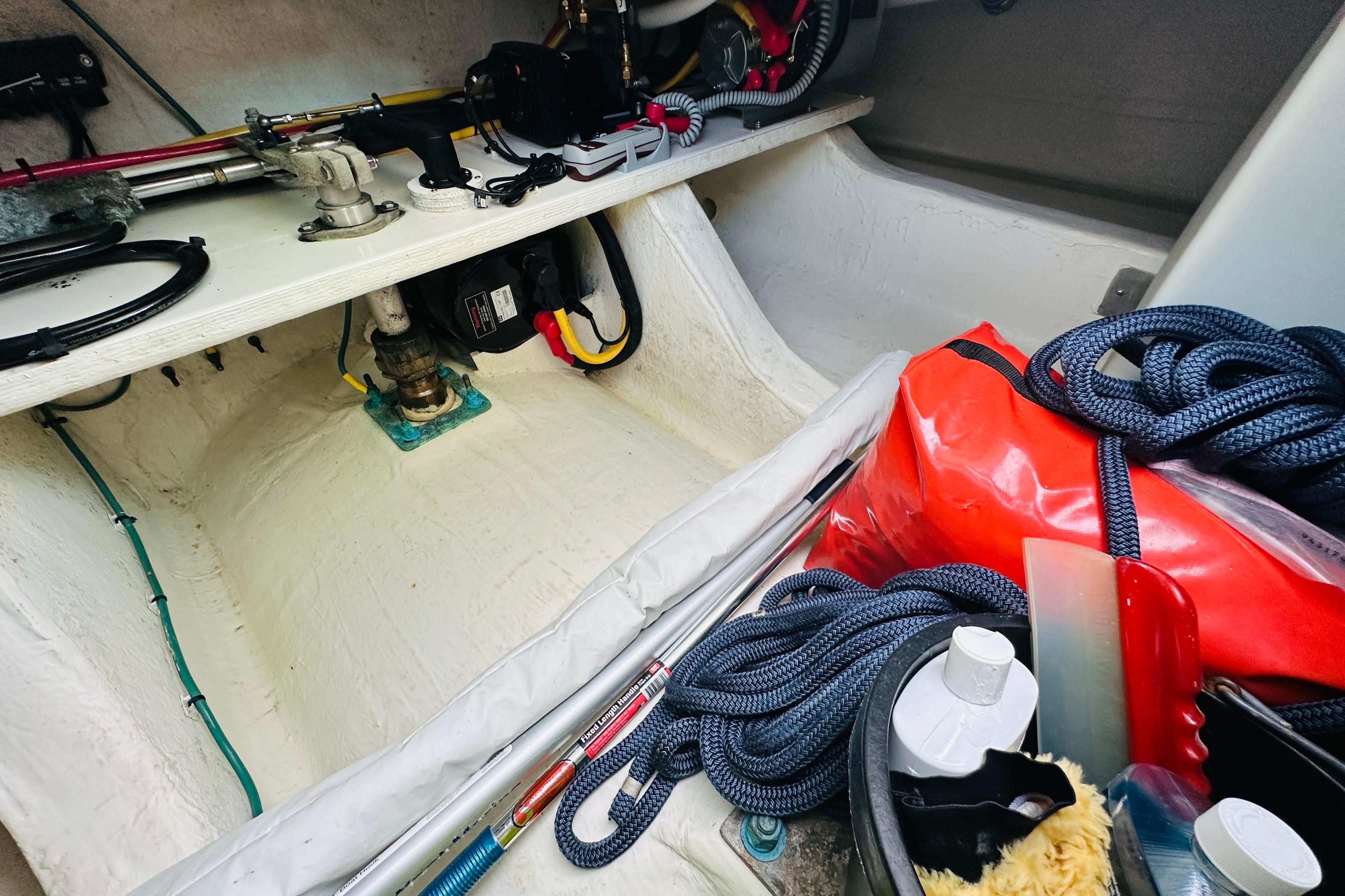 Interior view of a 2020 Back Cove 37 boat showing storage and equipment.