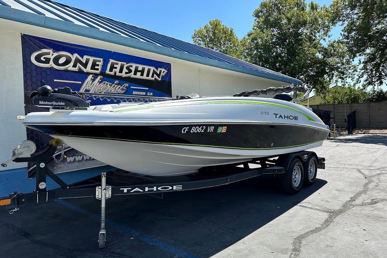 2019 Tahoe 2150 boat on trailer at Gone Fishin' Marine dealership.
