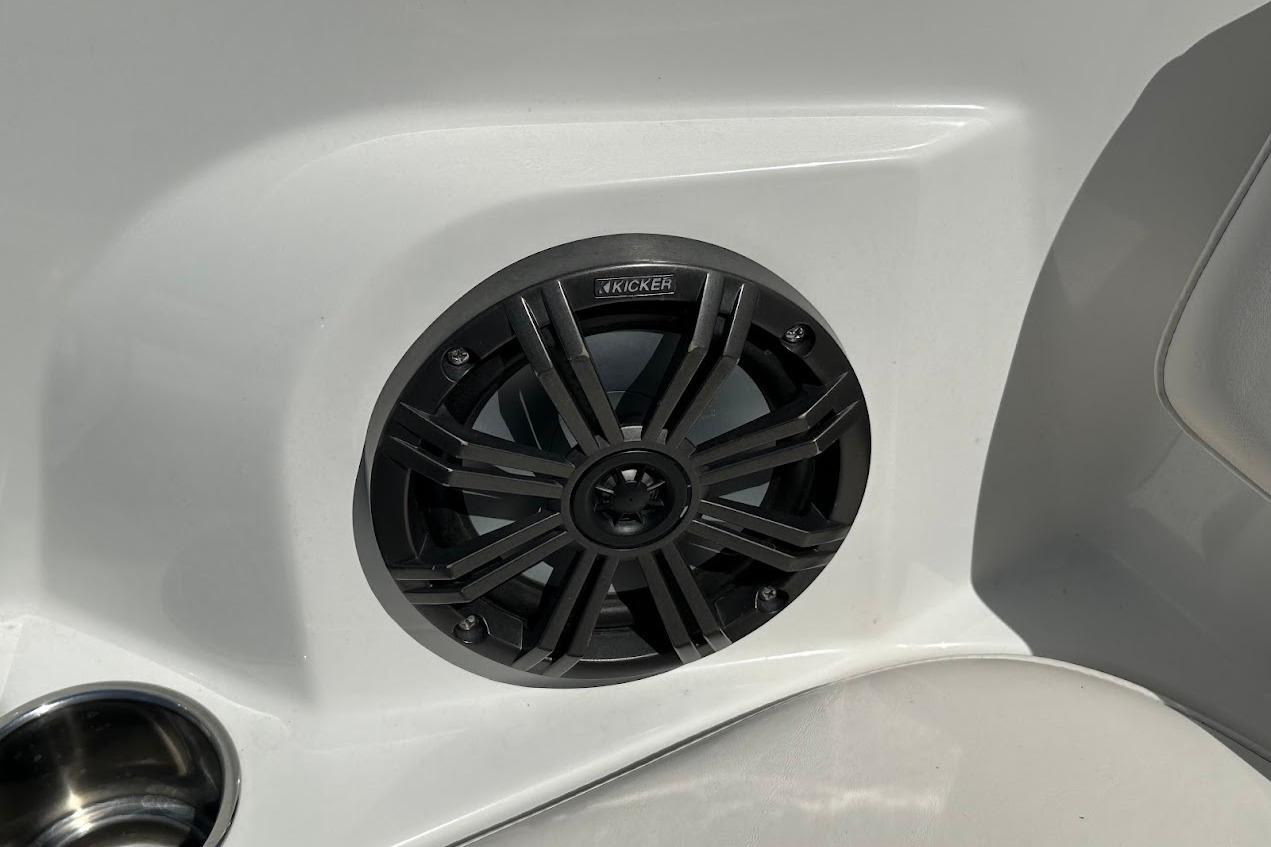 Speaker on 2019 Tahoe 2150 boat interior, featuring Kicker audio system.