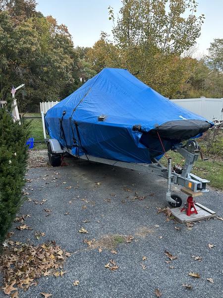 2017 Bayliner Element F18 CC boat covered with blue tarp on trailer.