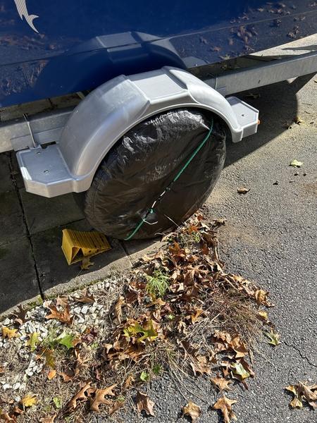 2017 Bayliner Element F18 CC trailer wheel with cover, surrounded by autumn leaves.