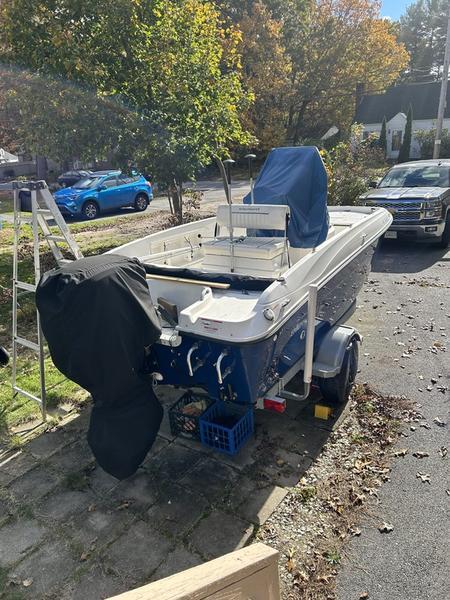 2017 Bayliner Element F18 CC boat parked on a driveway, surrounded by trees and vehicles.