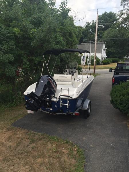 2017 Bayliner Element F18 CC boat parked on driveway, surrounded by greenery.
