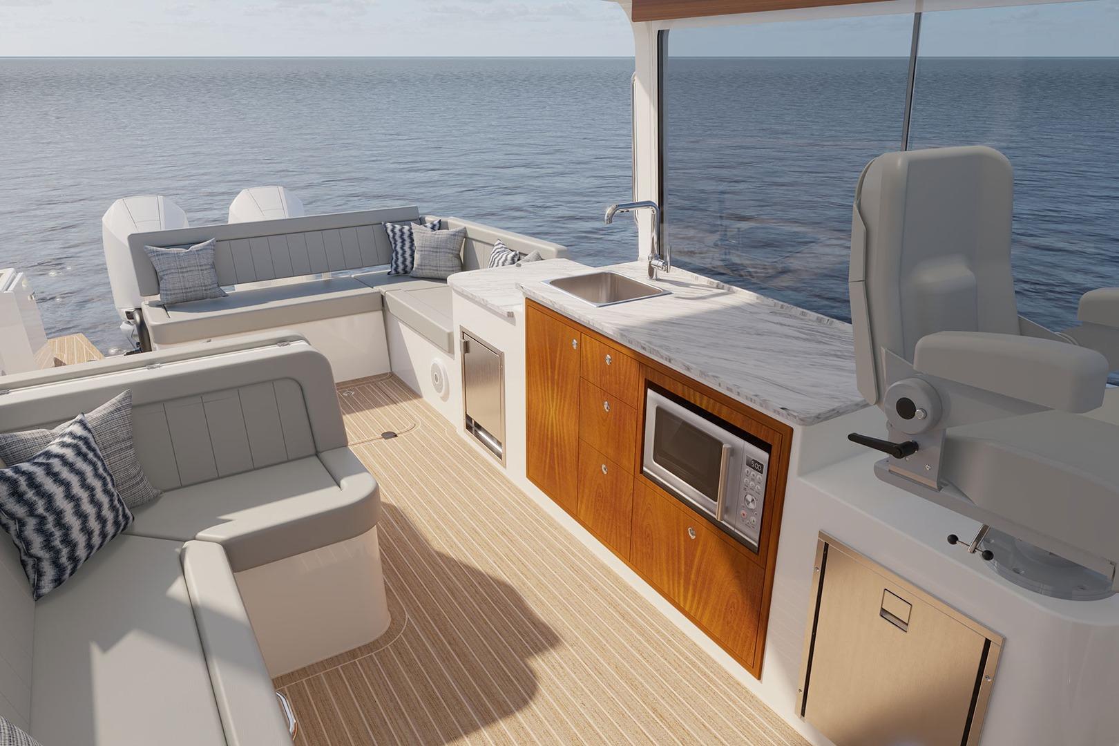 Luxurious 2027 MJM 38 R yacht interior with seating, kitchenette, and ocean view.